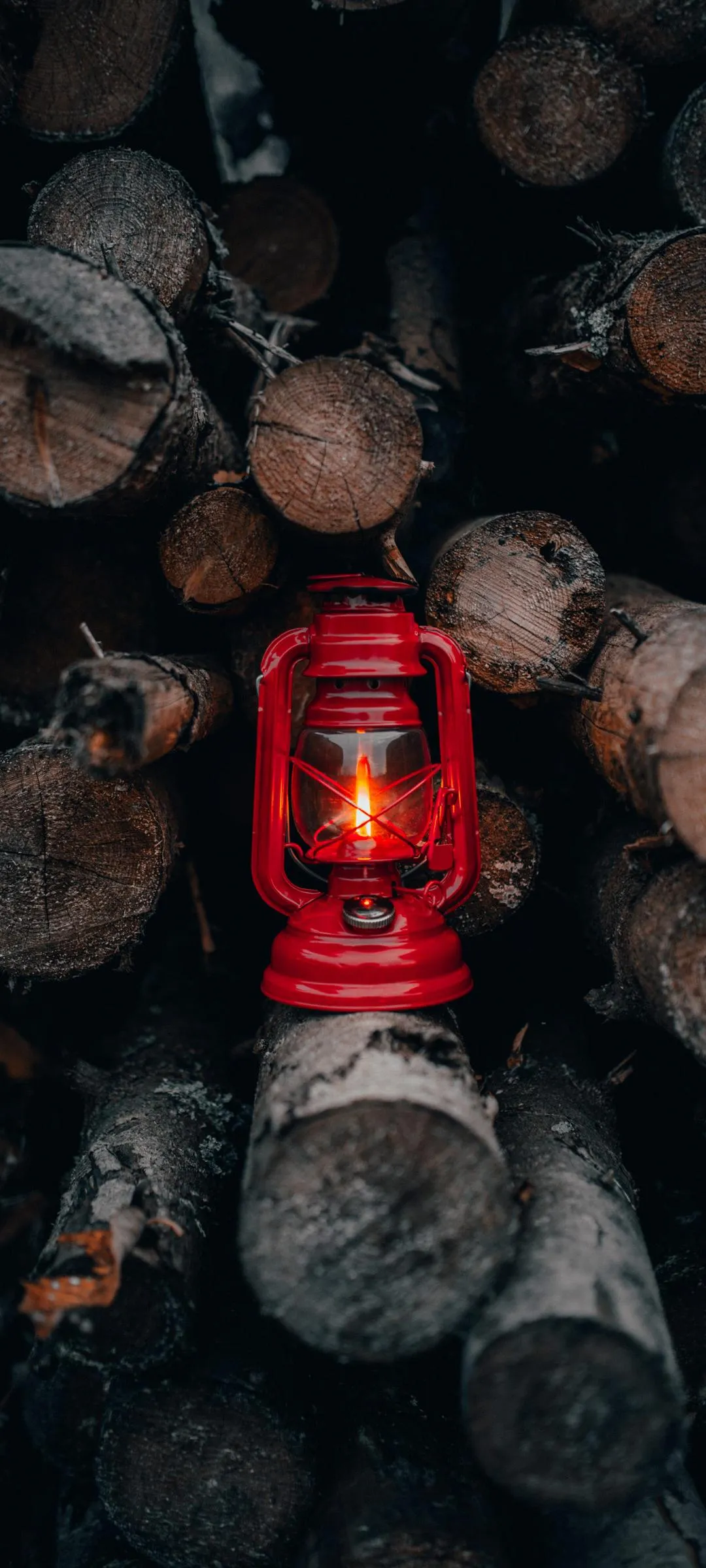 Lantern Sitting On Stack Of Wood Logs In Dark Environment