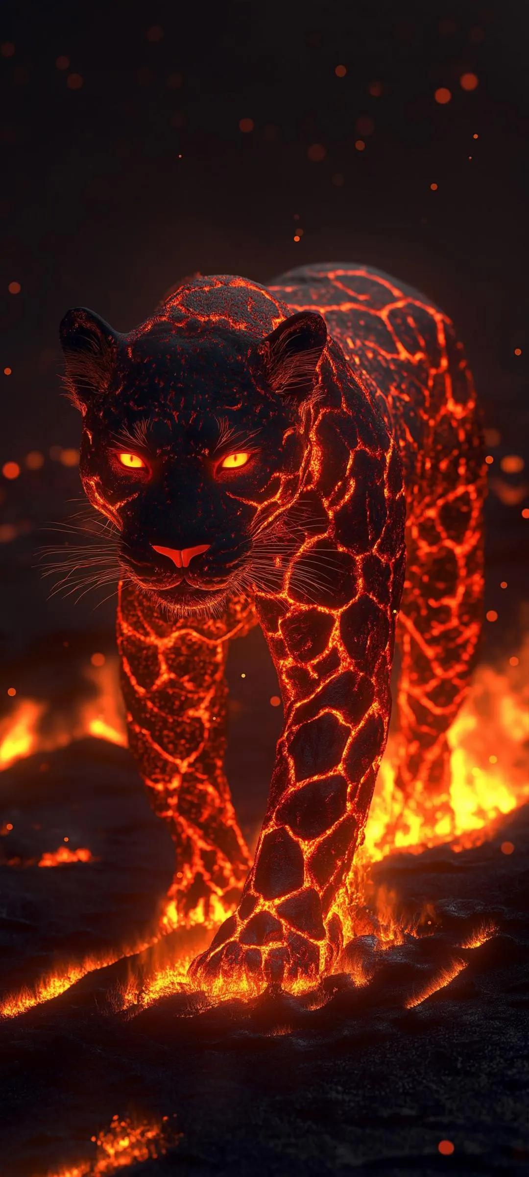 Lava Covered Tiger With Glowing Red Eyes in Dark Wallpaper