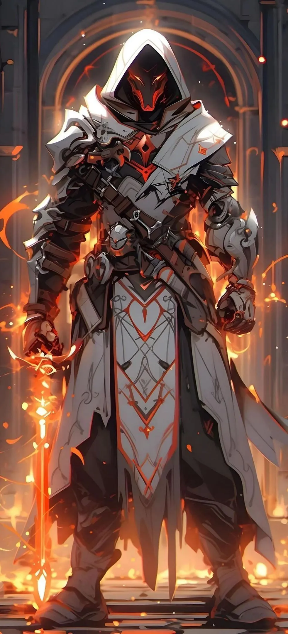 Legendary Warrior in Fiery Battle Armor Pose Wallpaper