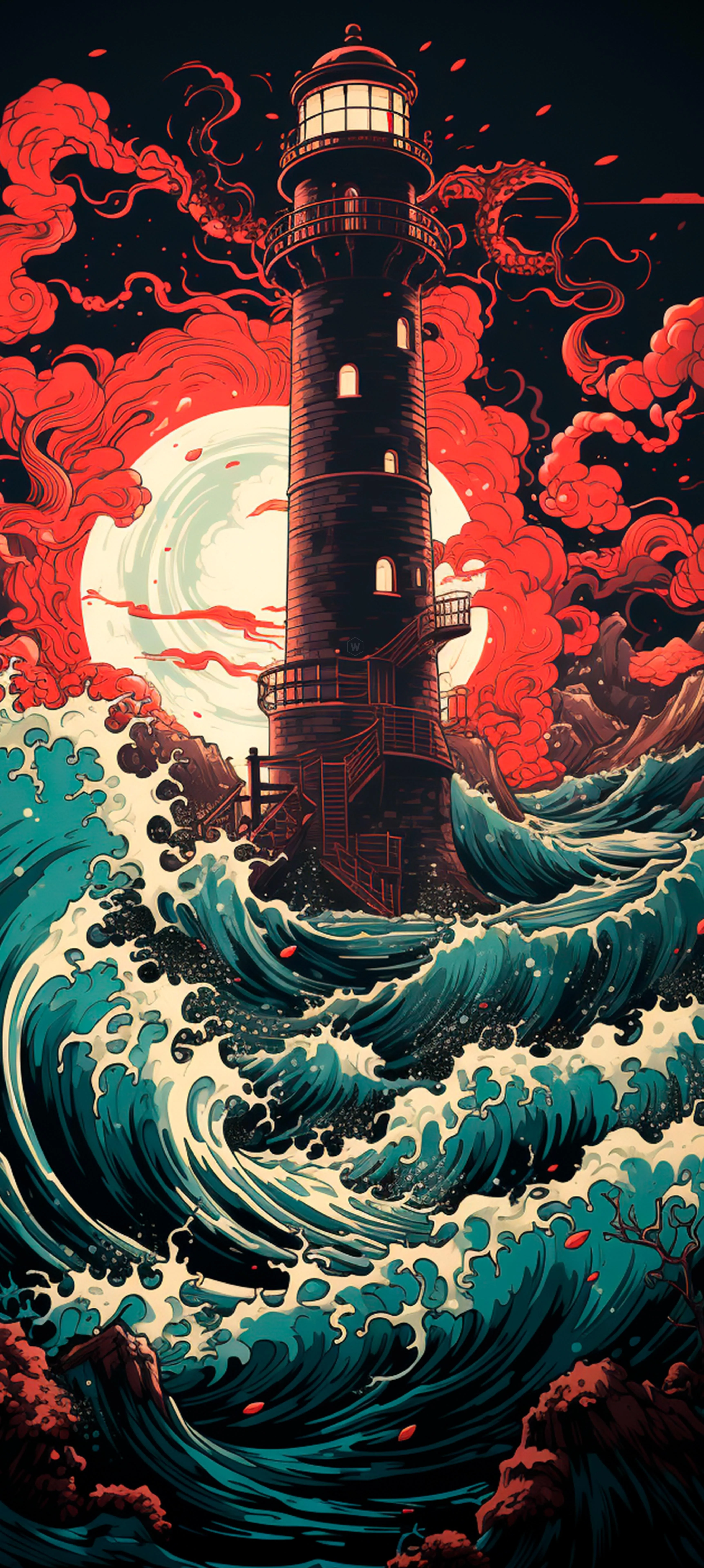 Light House in Ocean Waves with Surreal Red Sky Image
