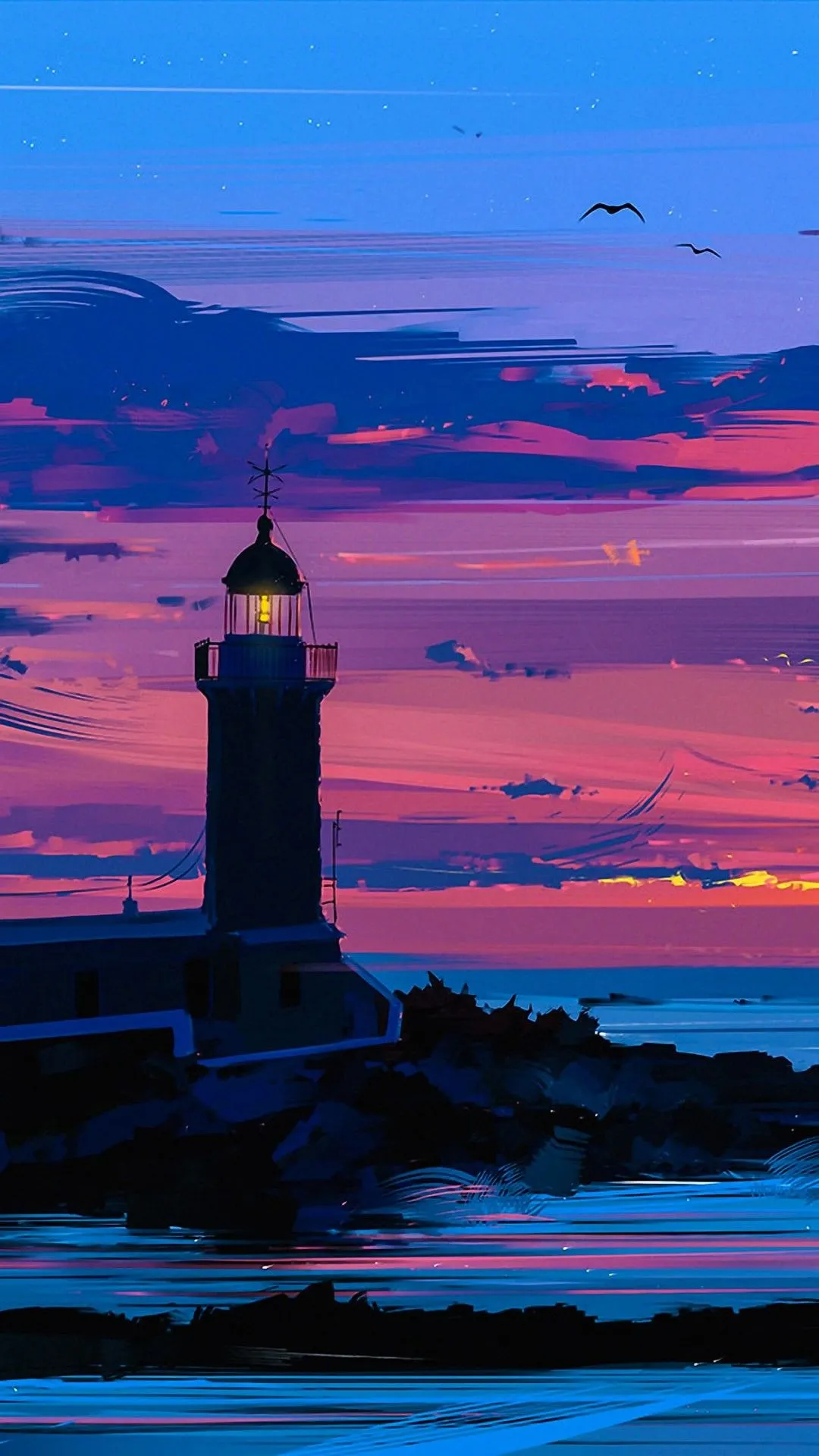 Lighthouse at Sunset With Soft Pink and Blue Evening Sky