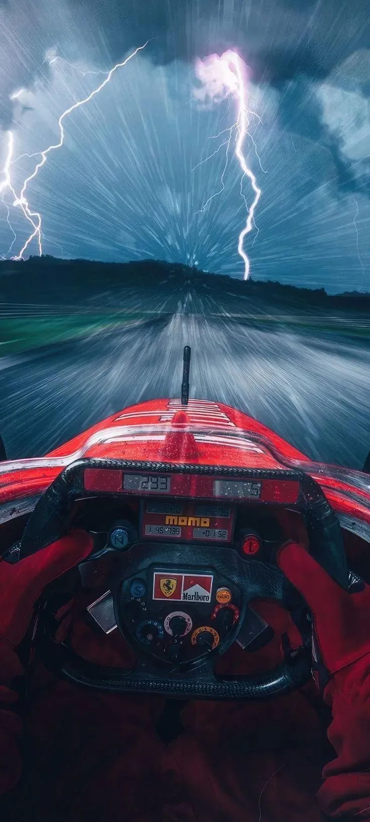 Lightning Strike Over Car in Rainy Road Wallpaper HD