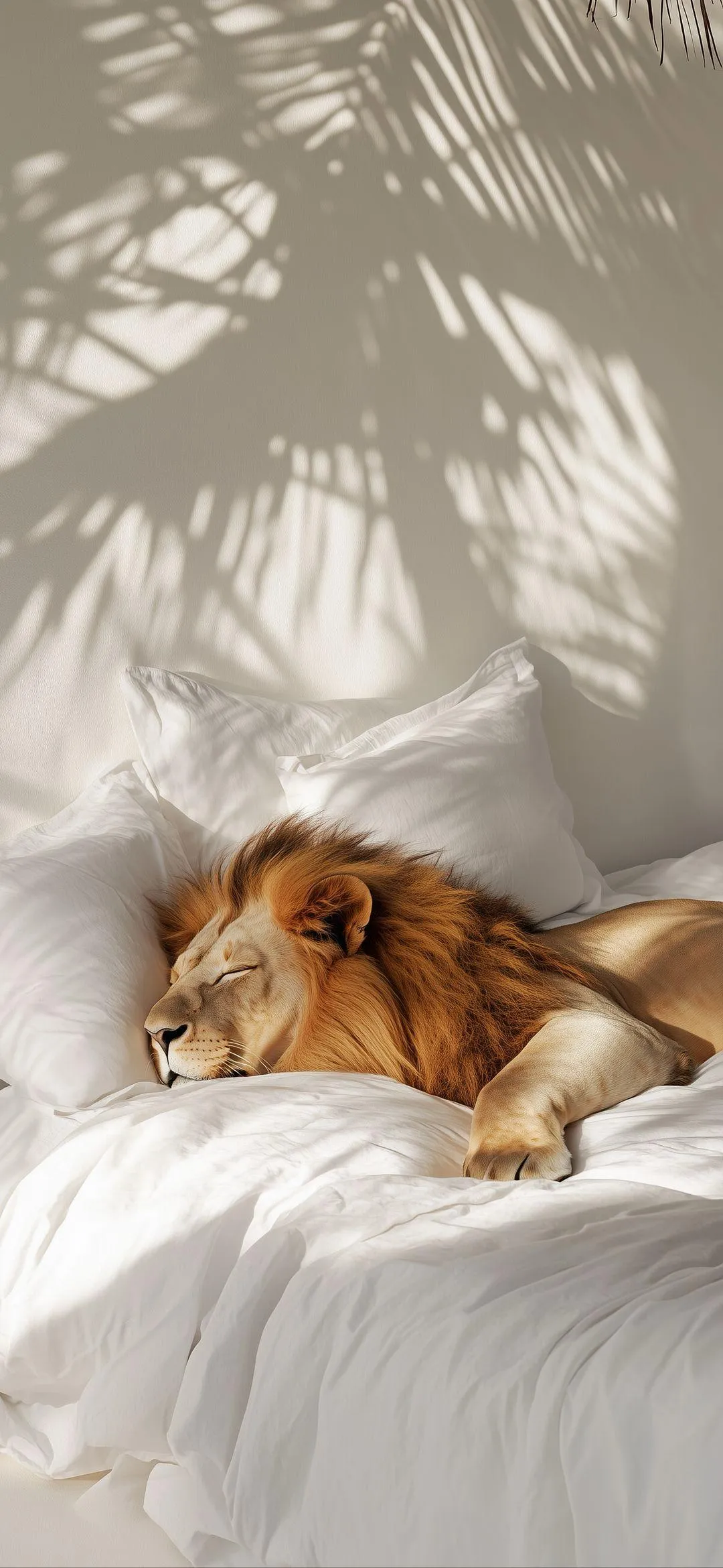Lion Sleeping Peacefully On White Bed With Sunlight Shadows