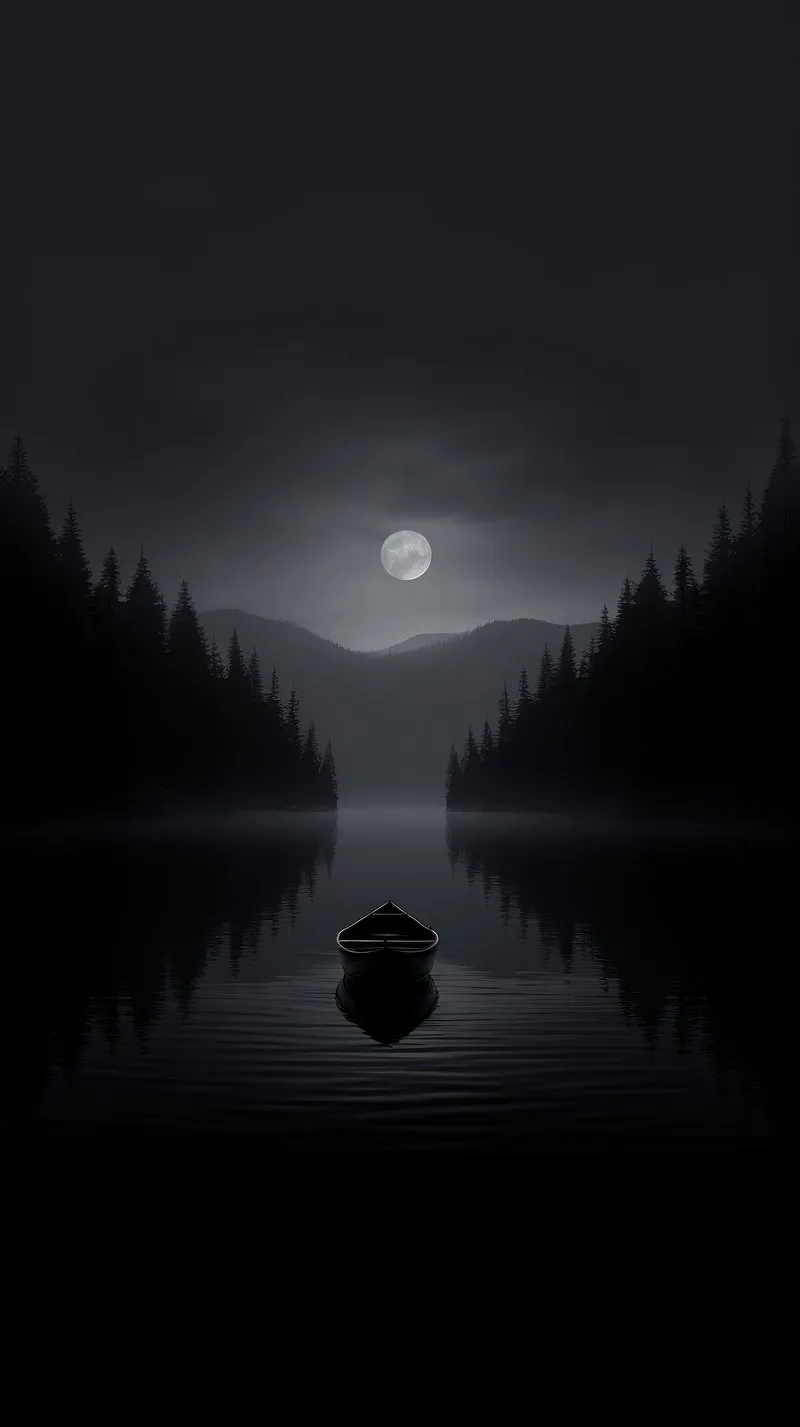 Lone Boat Floating on a Misty Lake beneath Moonlit Sky