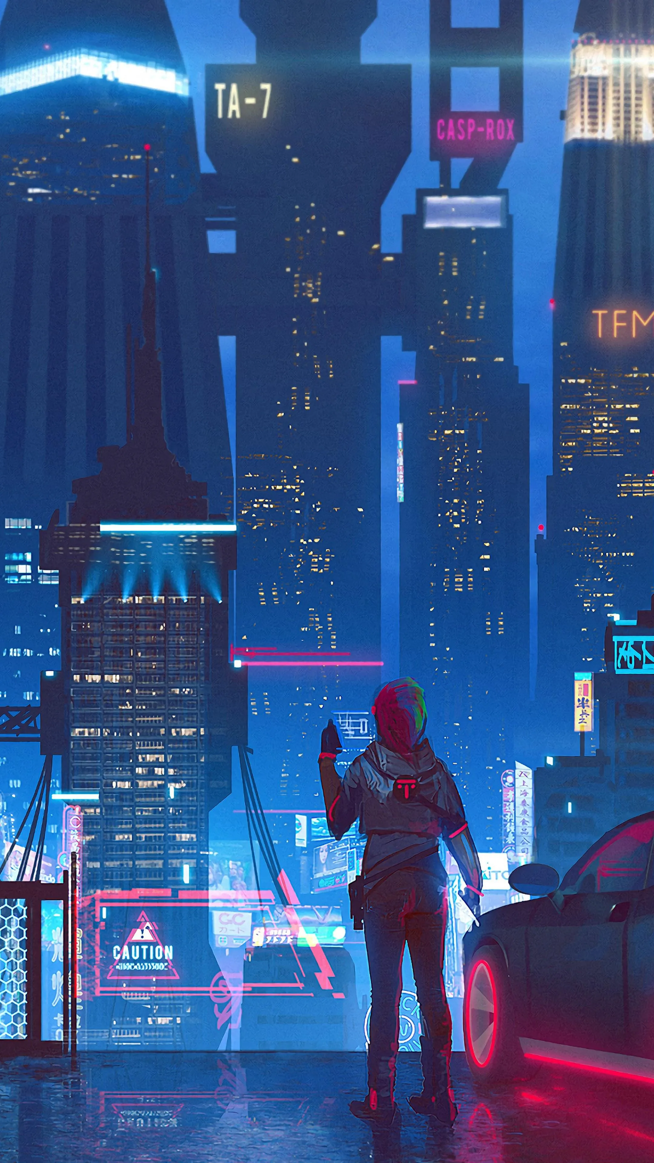 Lone Cyberpunk Wanderer Gazing over Neon Drenched Megacity