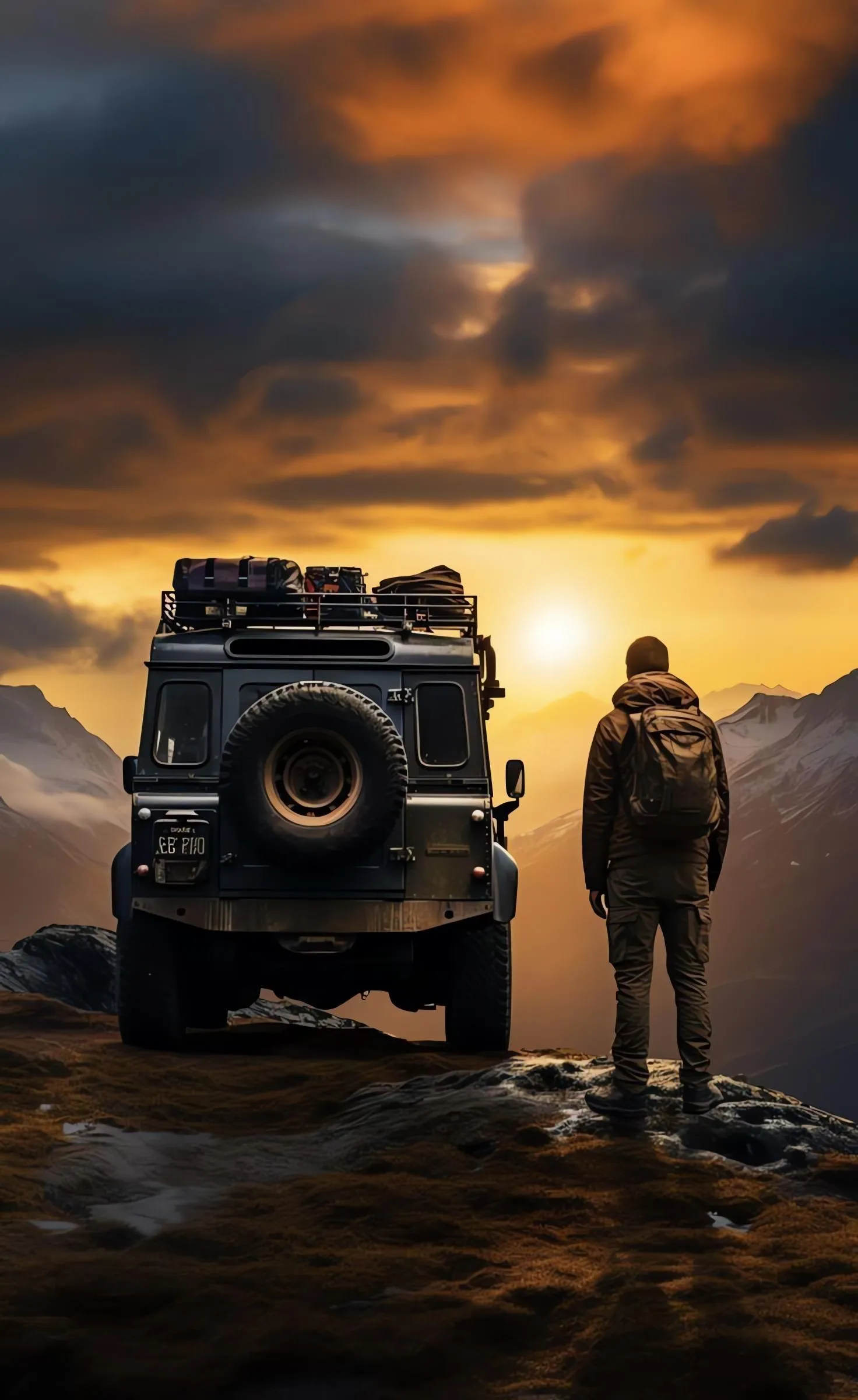 Lone Explorer Beside Rugged Jeep at Sunrise Horizon