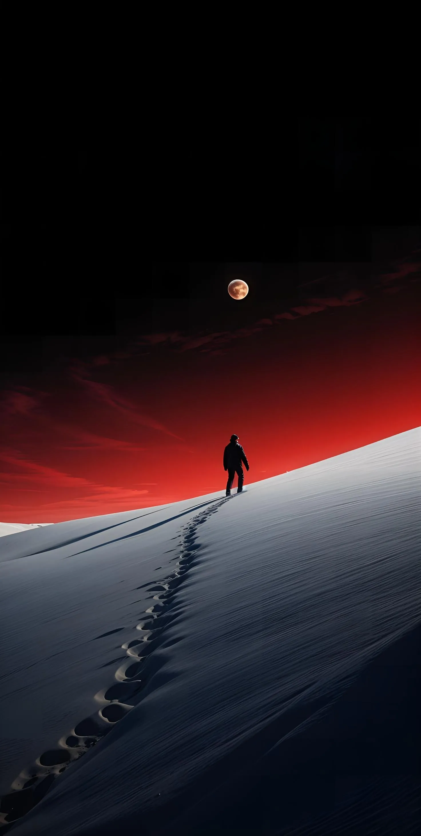Lone Explorer Walking on a Vast Red Desert Slope Wallpaper