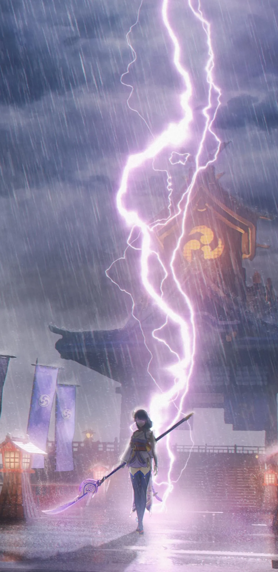 Lone Figure Facing Lightning Strike in Stormy Sky Scene