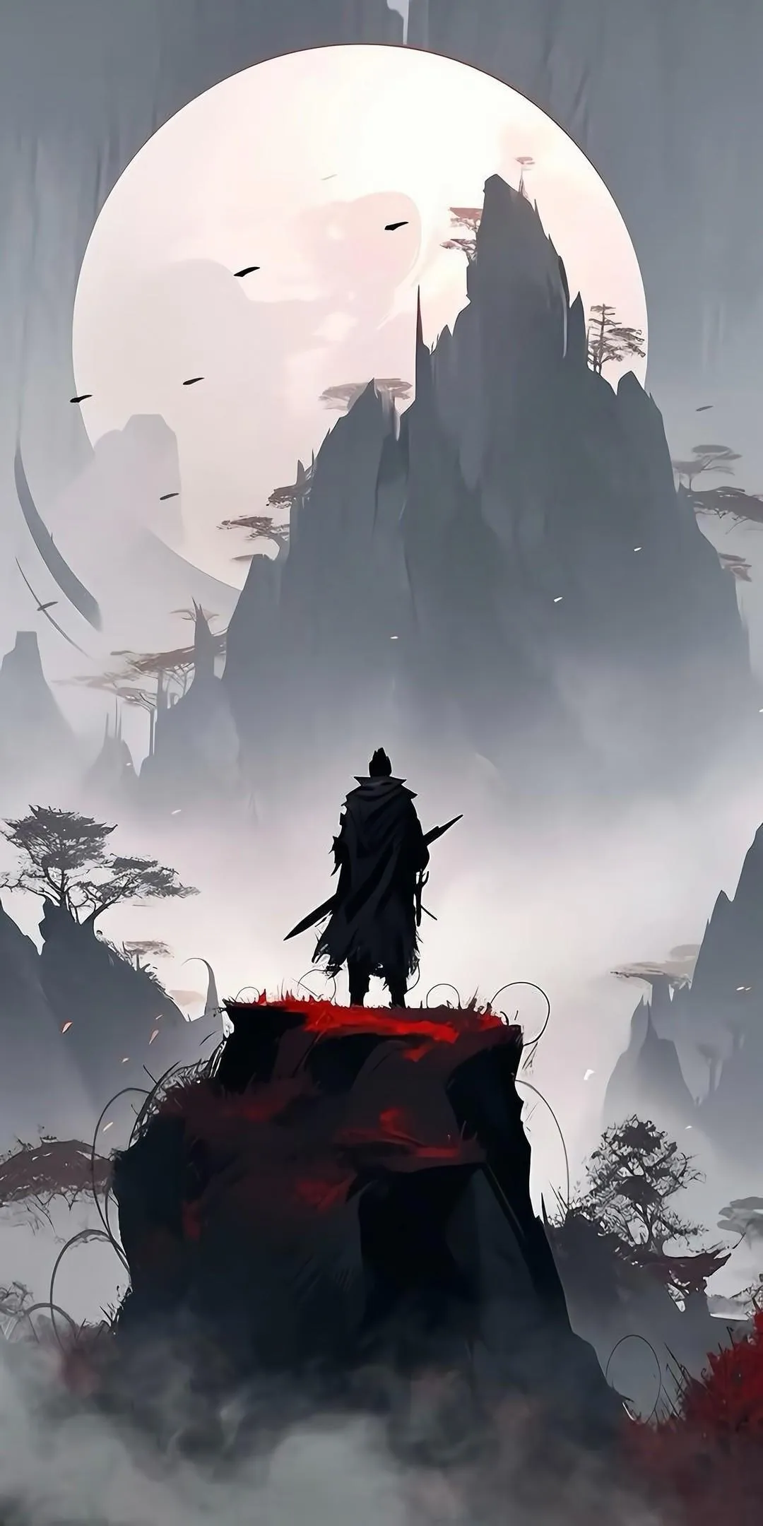 Lone Figure Standing on Mountain Peak in Misty Air