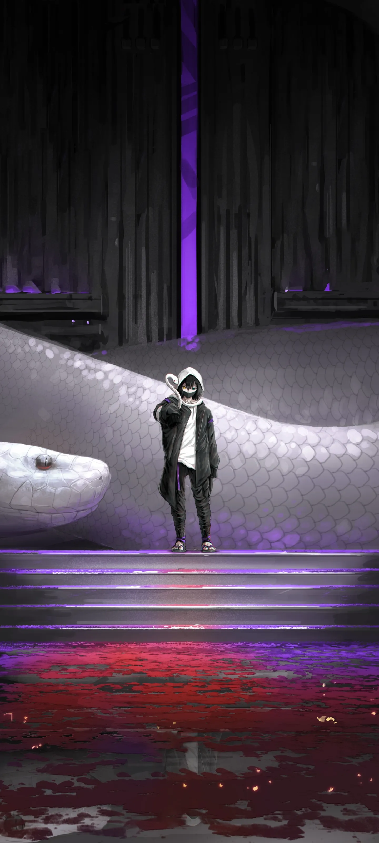 Lone Figure Walking Under Purple Neon Lights Wallpaper