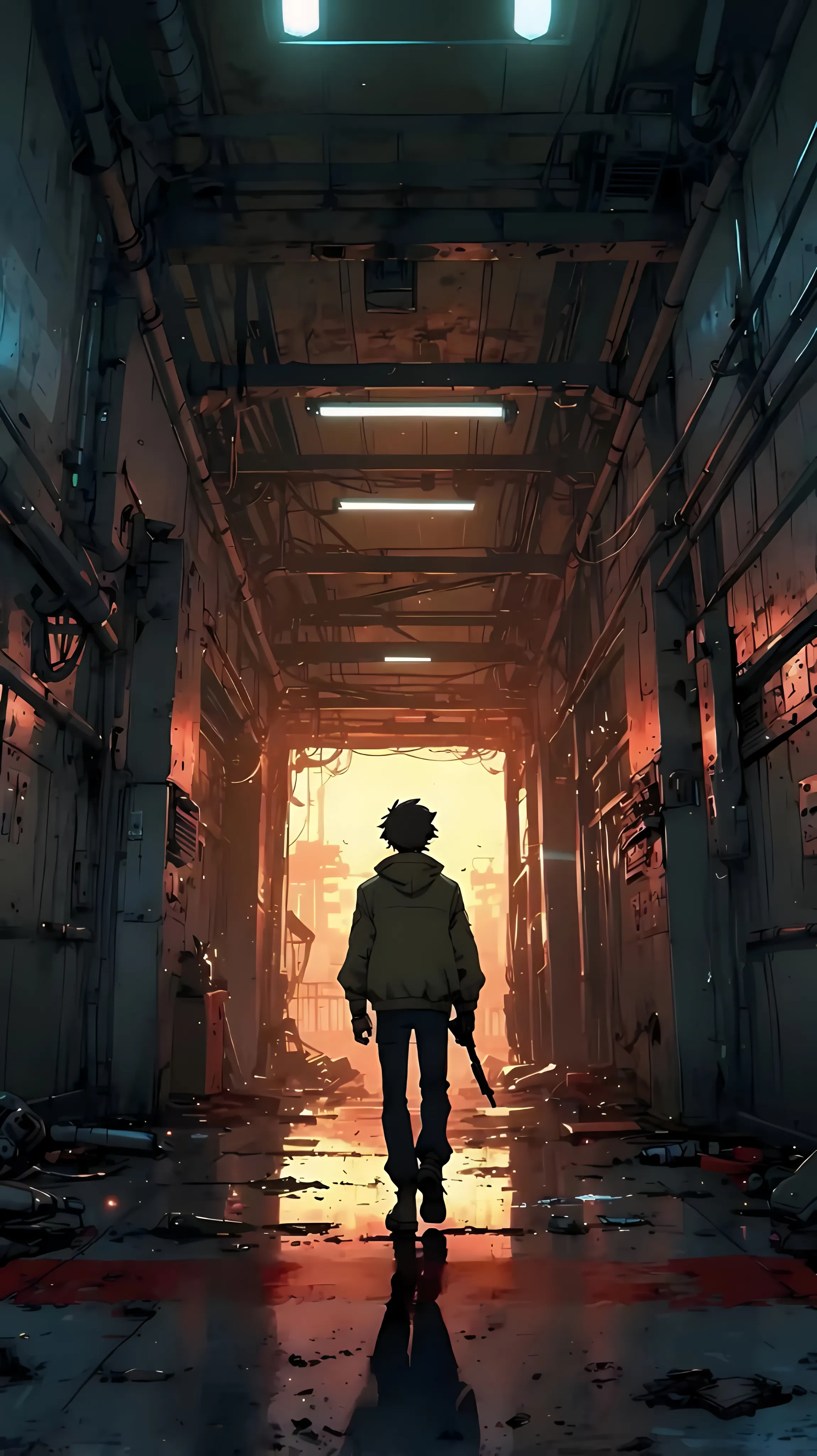 Lone Man Walking in Futuristic Tunnel with Red Lights