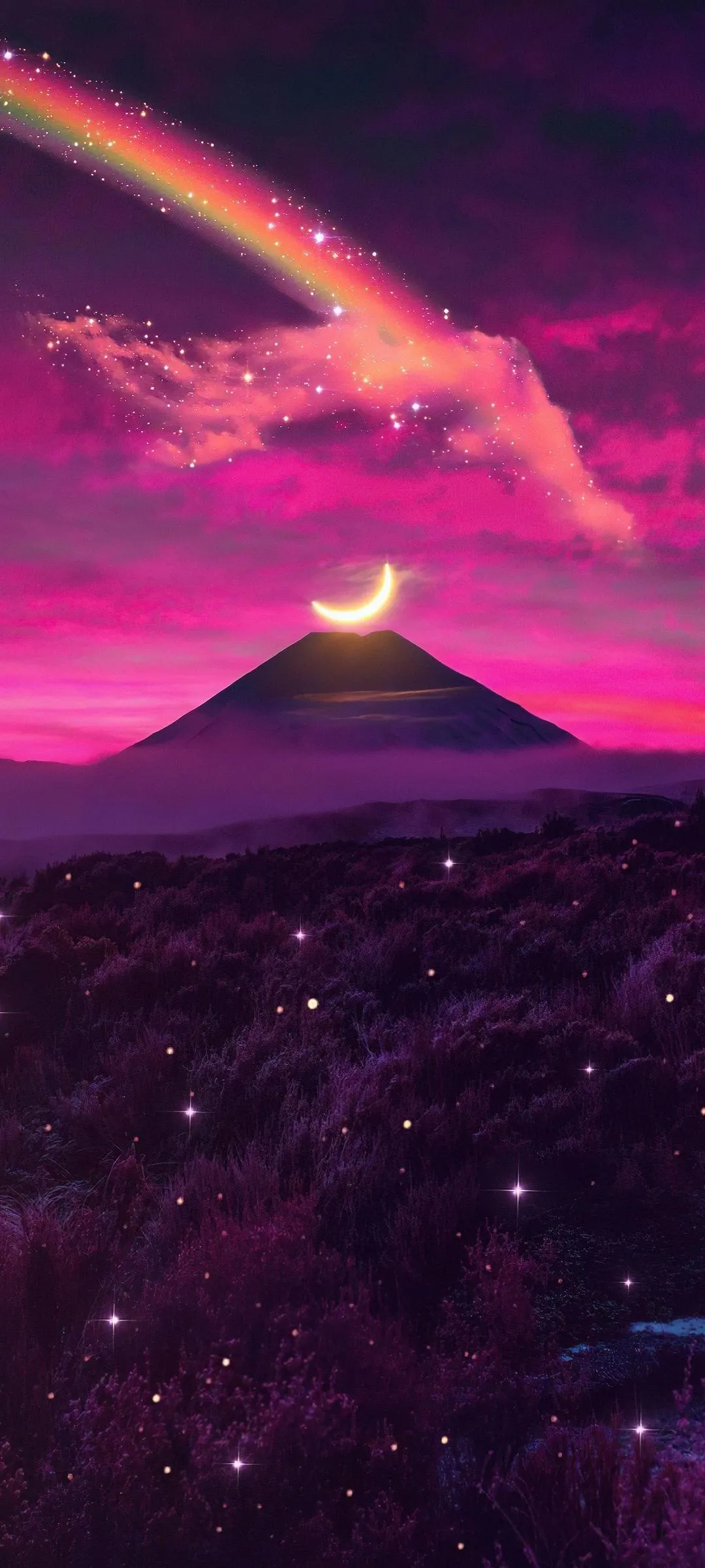 Lone Mountain Under Deep Purple Sky With Glowing Moonlight