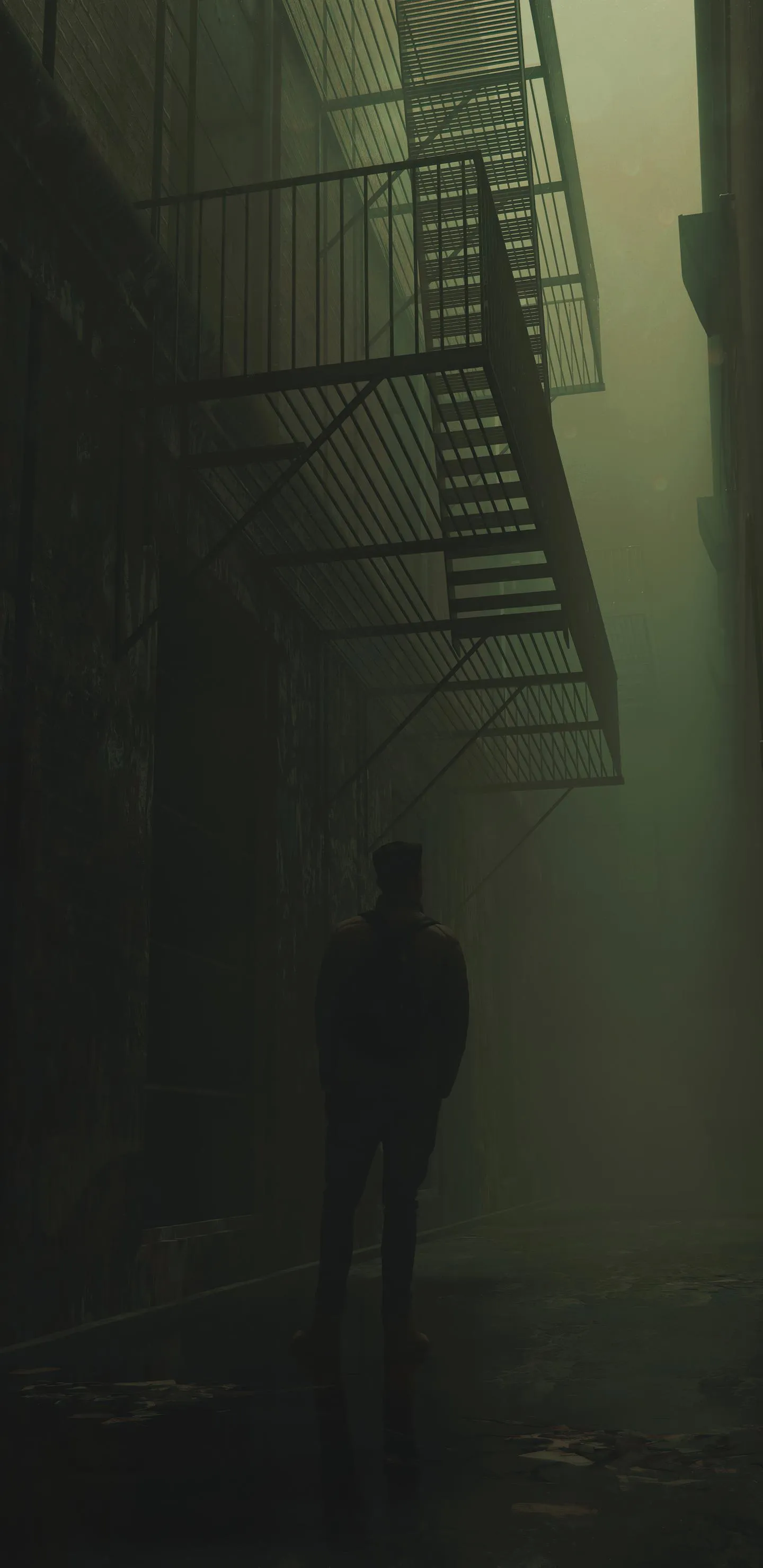 Lone Person Walking in Dark Green Alley Scene Wallpaper