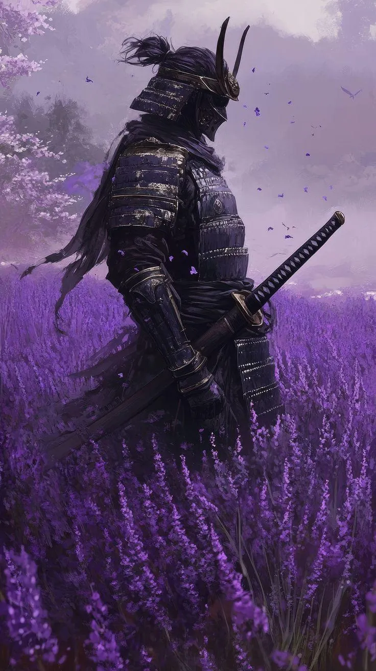 Lone Samurai Walking in Lavender Field at Dusk Wallpaper