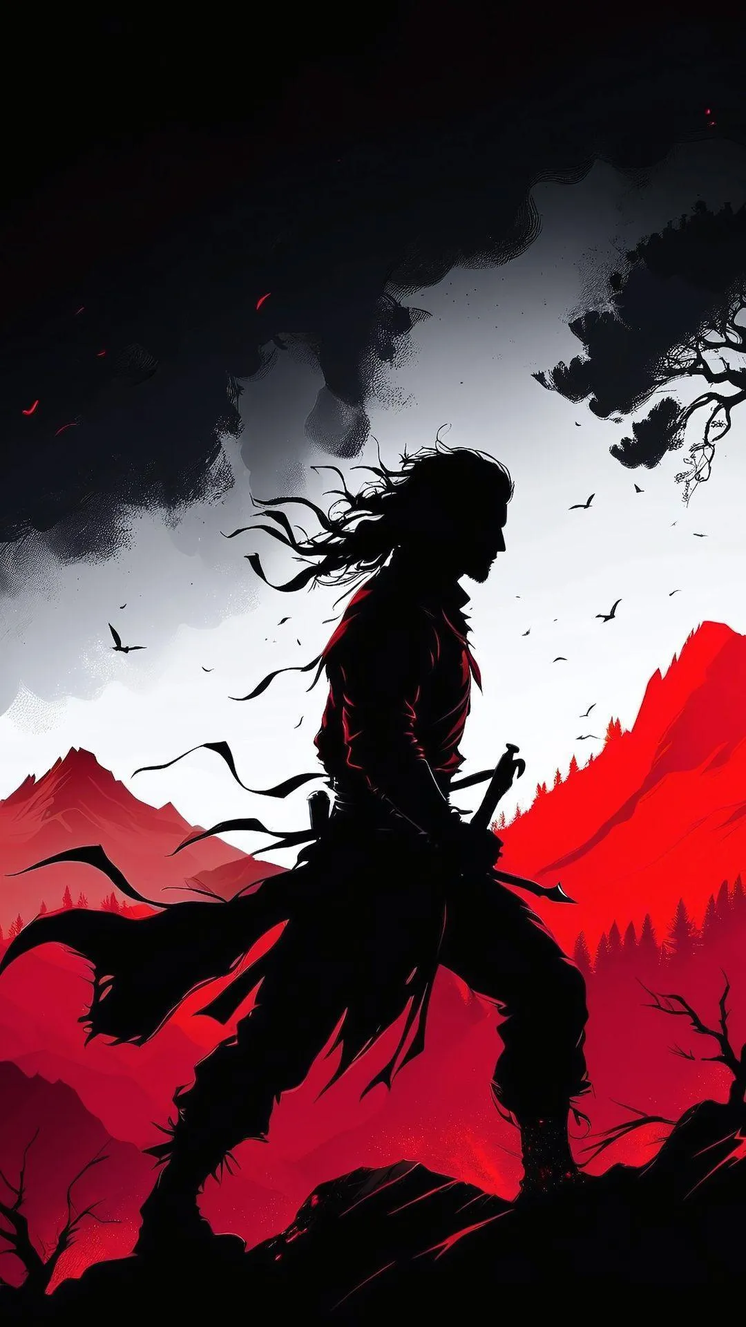 Lone Samurai with Red Moon in Dynamic Stance Wallpaper