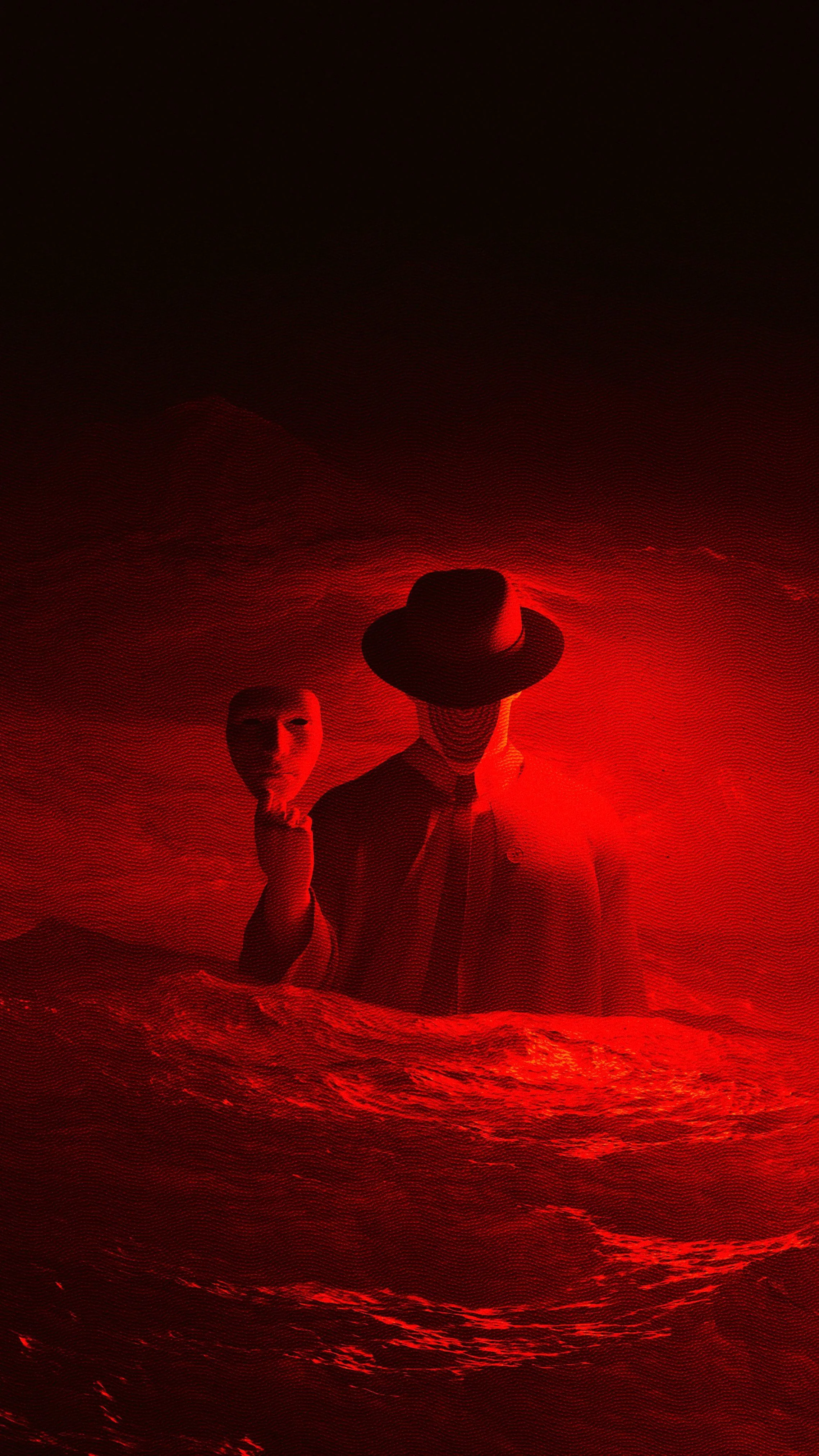 Lone Silhouette Walking in Deep Red Fog and Mood Lighting