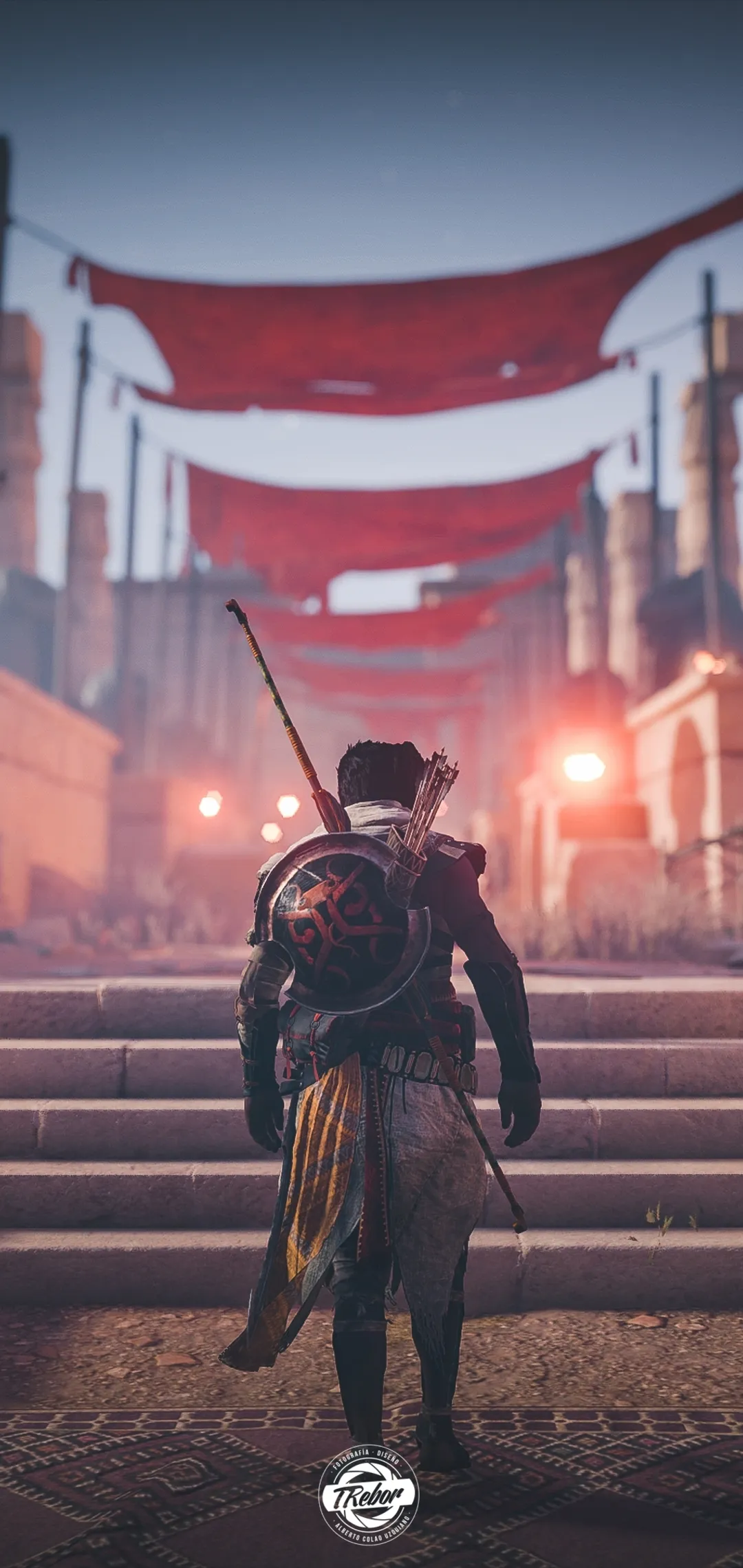 Lone Soldier Walking Toward Red Banner on City Steps