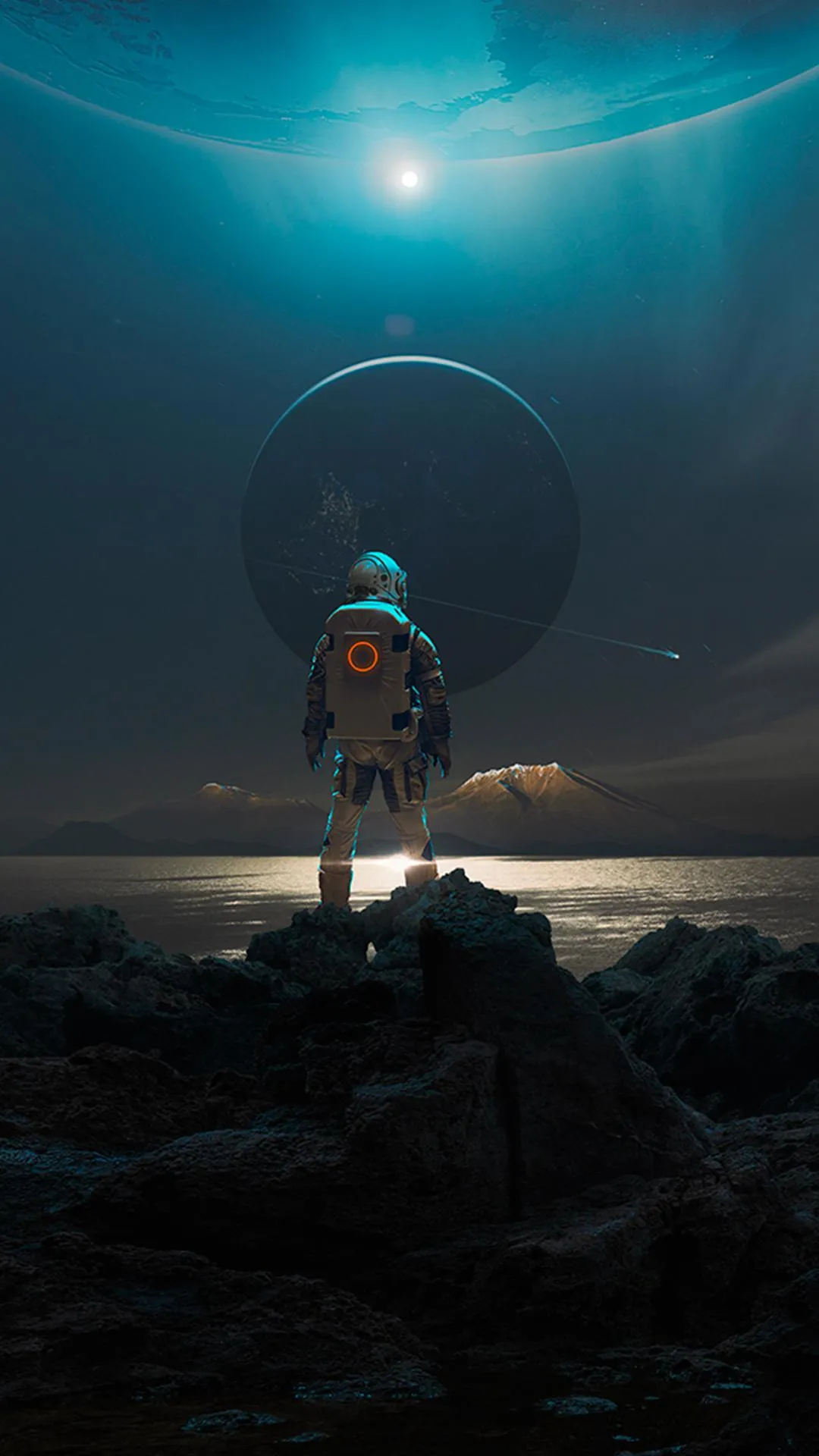 Lone Traveler Under Moon with Mysterious Glow Wallpaper