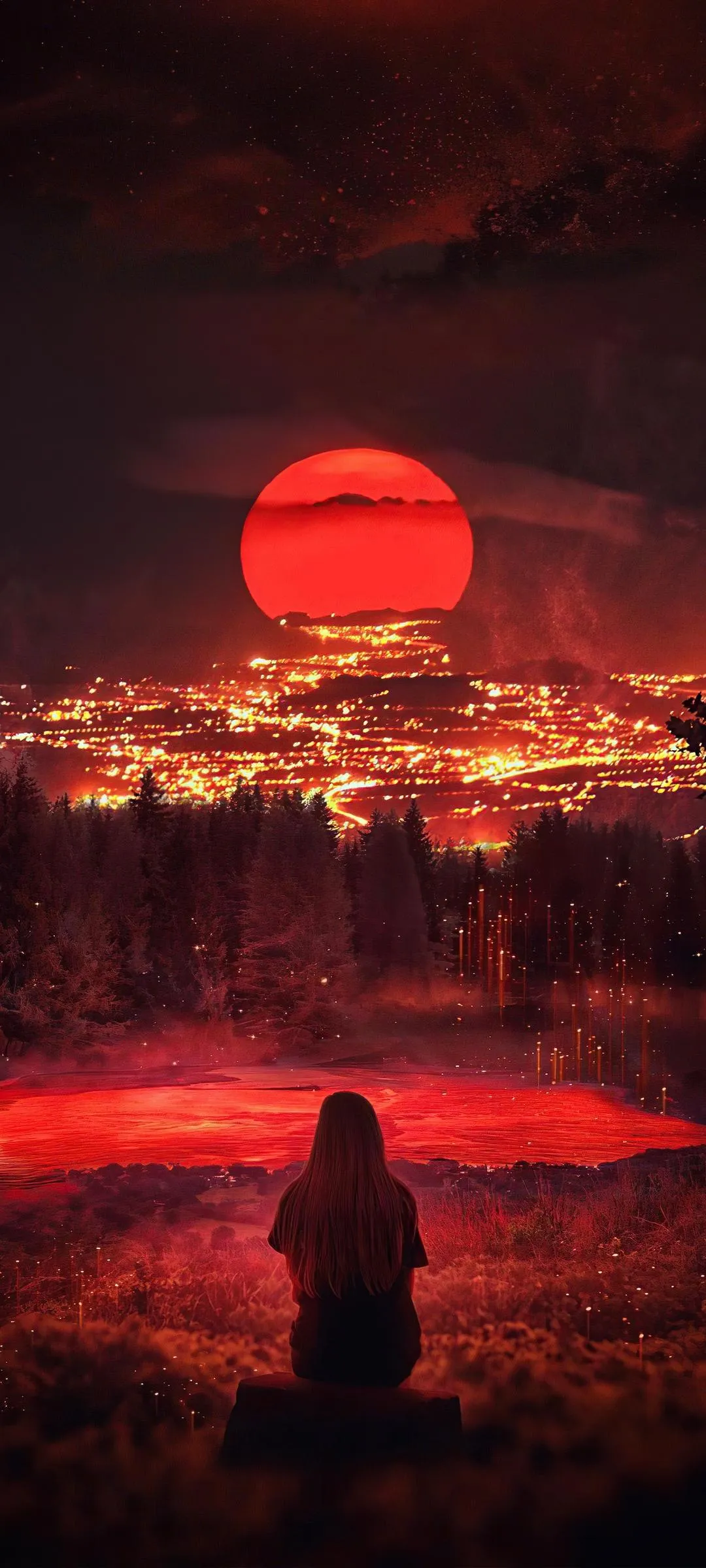 Lone Traveler Watching Red Sunset Over Distant Desert City