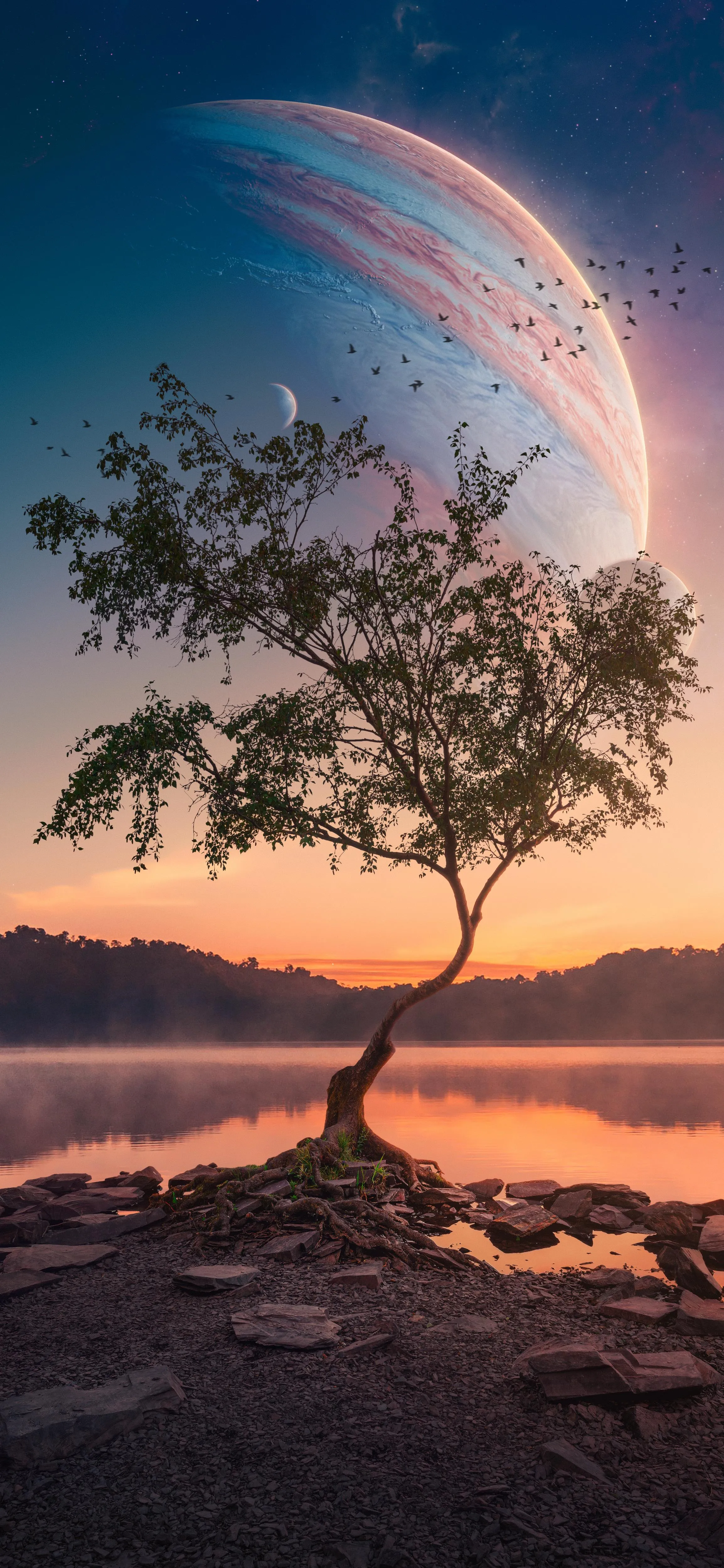 Lone Tree by The Lake Under a Giant Colorful Planet HD