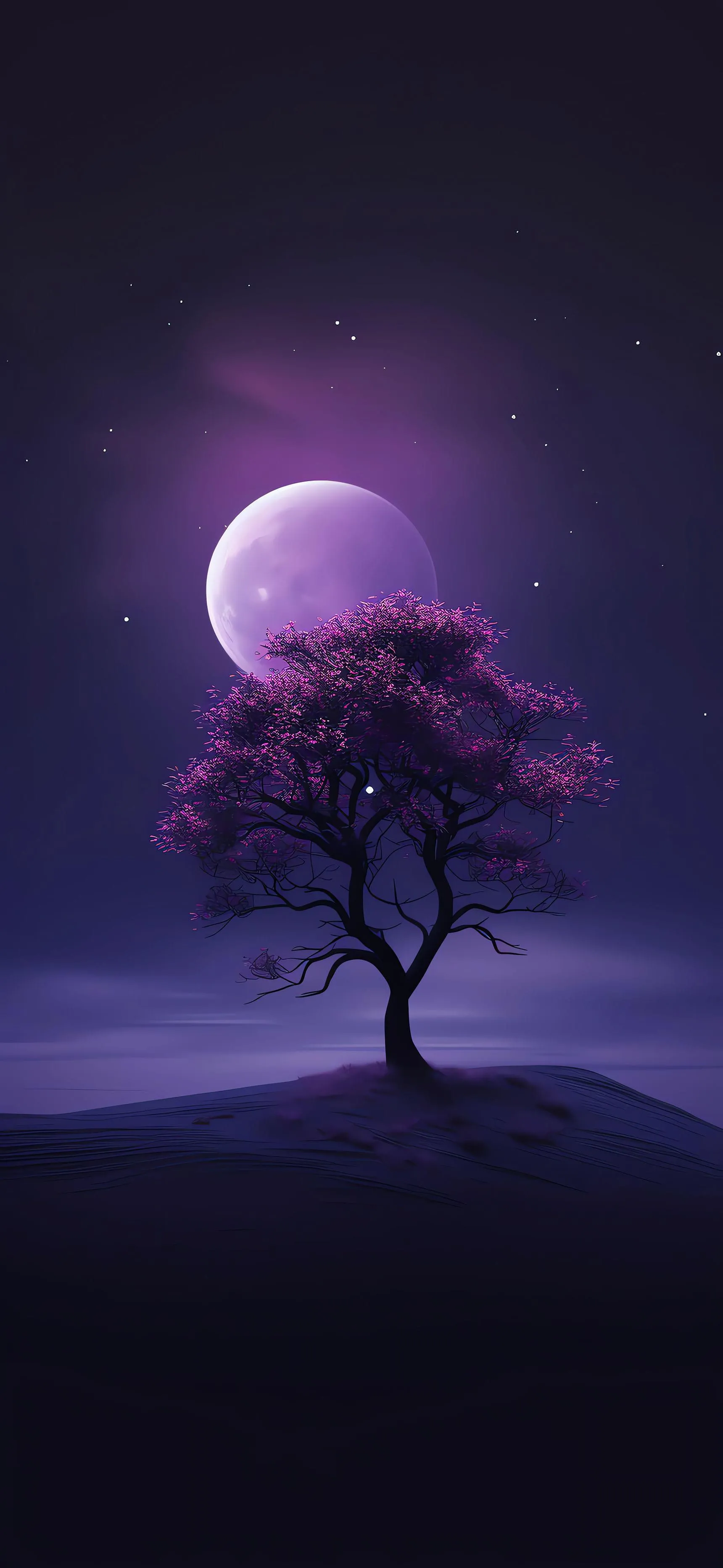 Lone Tree under Glowing Purple Moon in Night Scenery