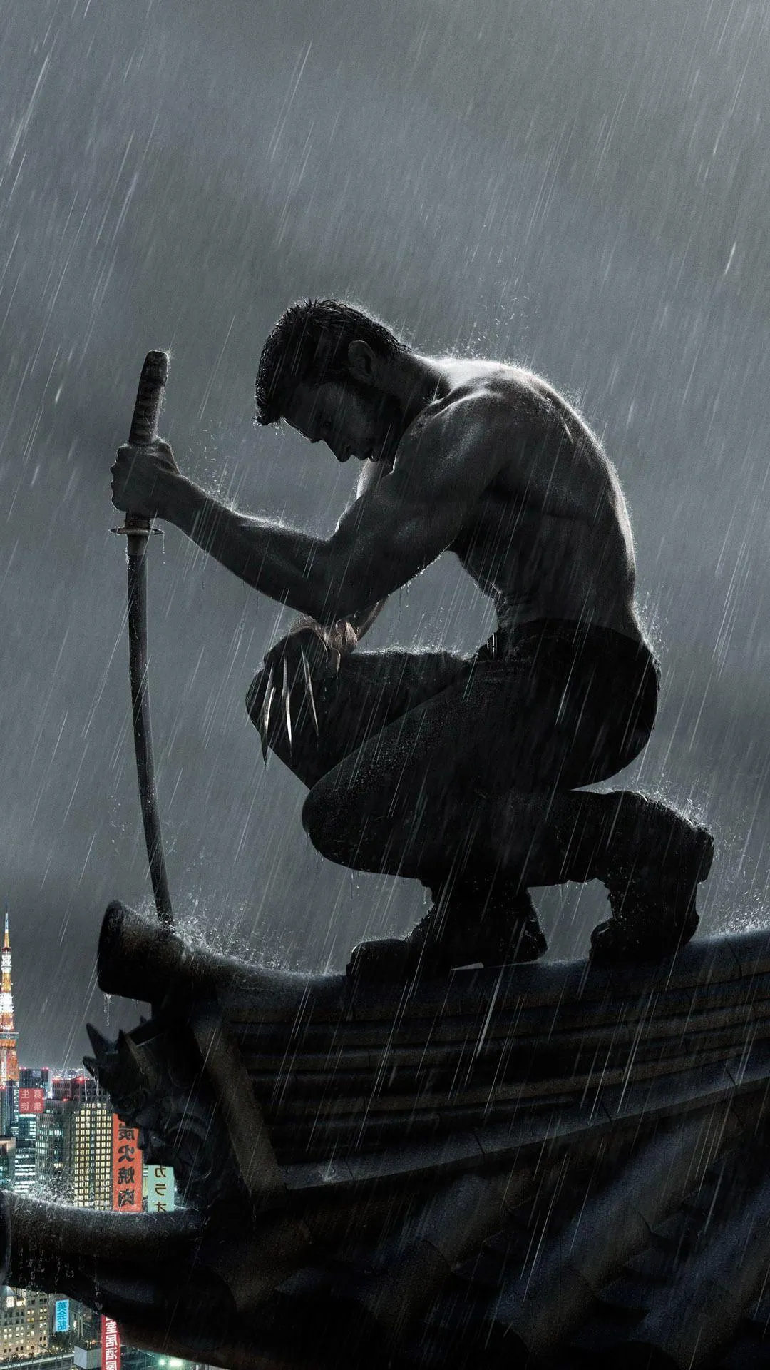 Lone Warrior Kneels on Rooftop in Heavy Rainfall Wallpaper