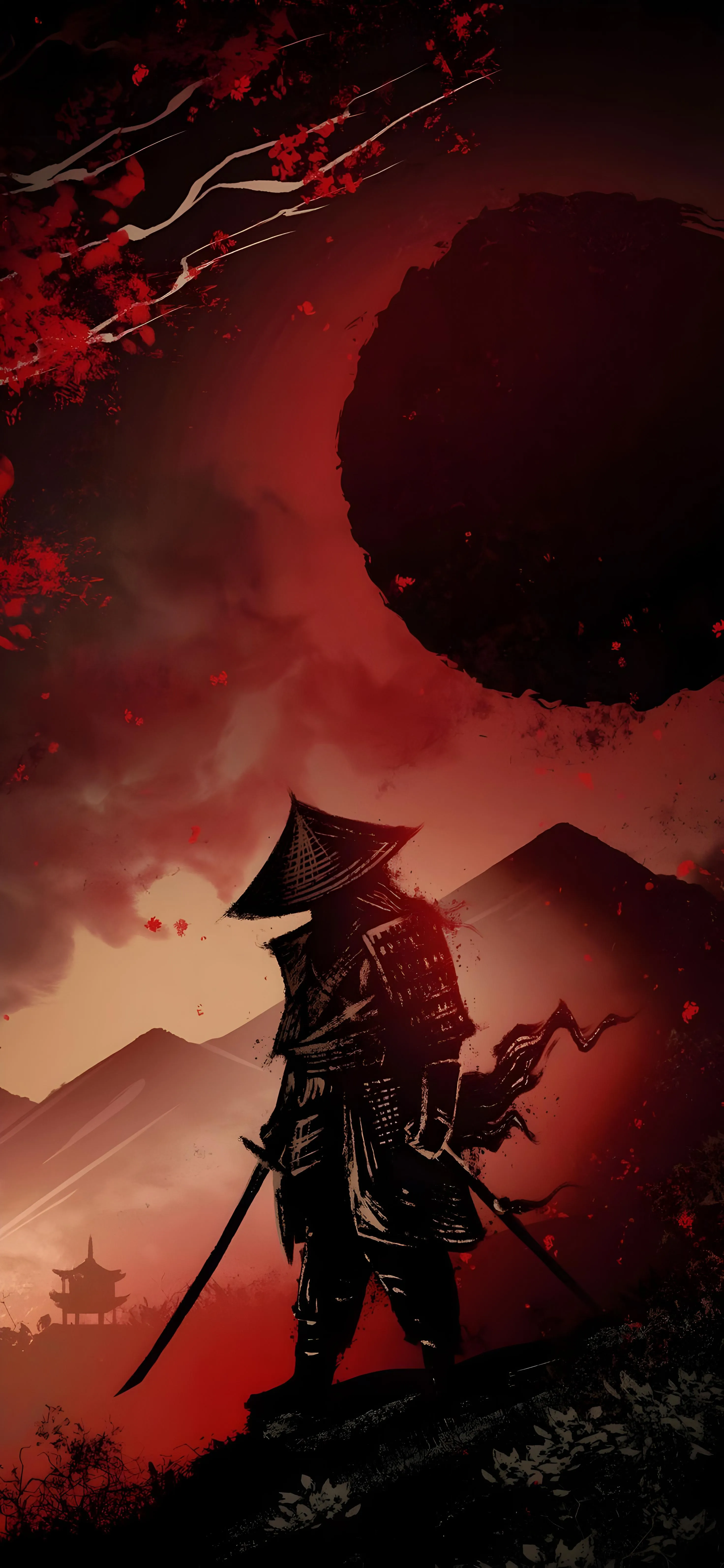 Lone Warrior Standing Before Red Glowing Planet Sky