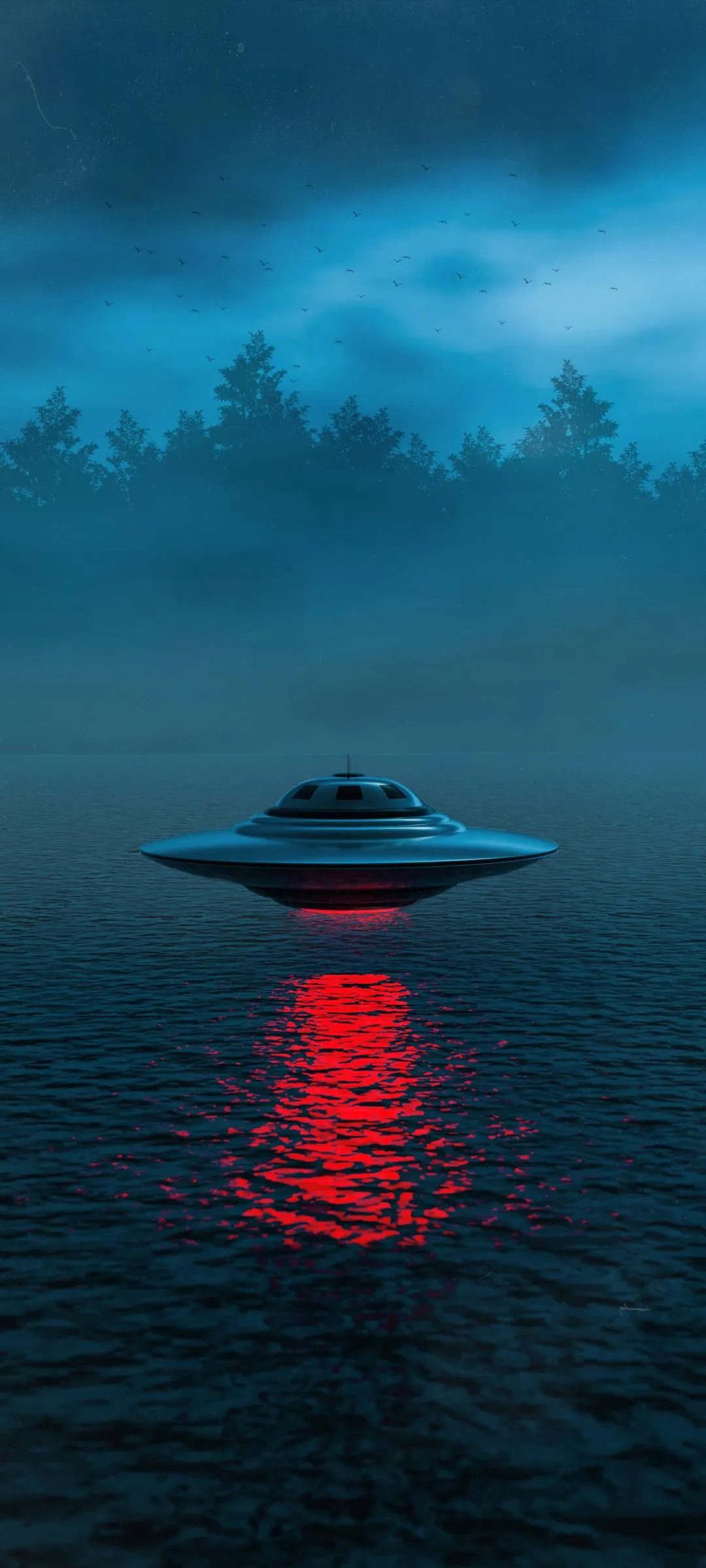 Lonely Alien UFO Flying Above Misty Blue Ocean Scene Image