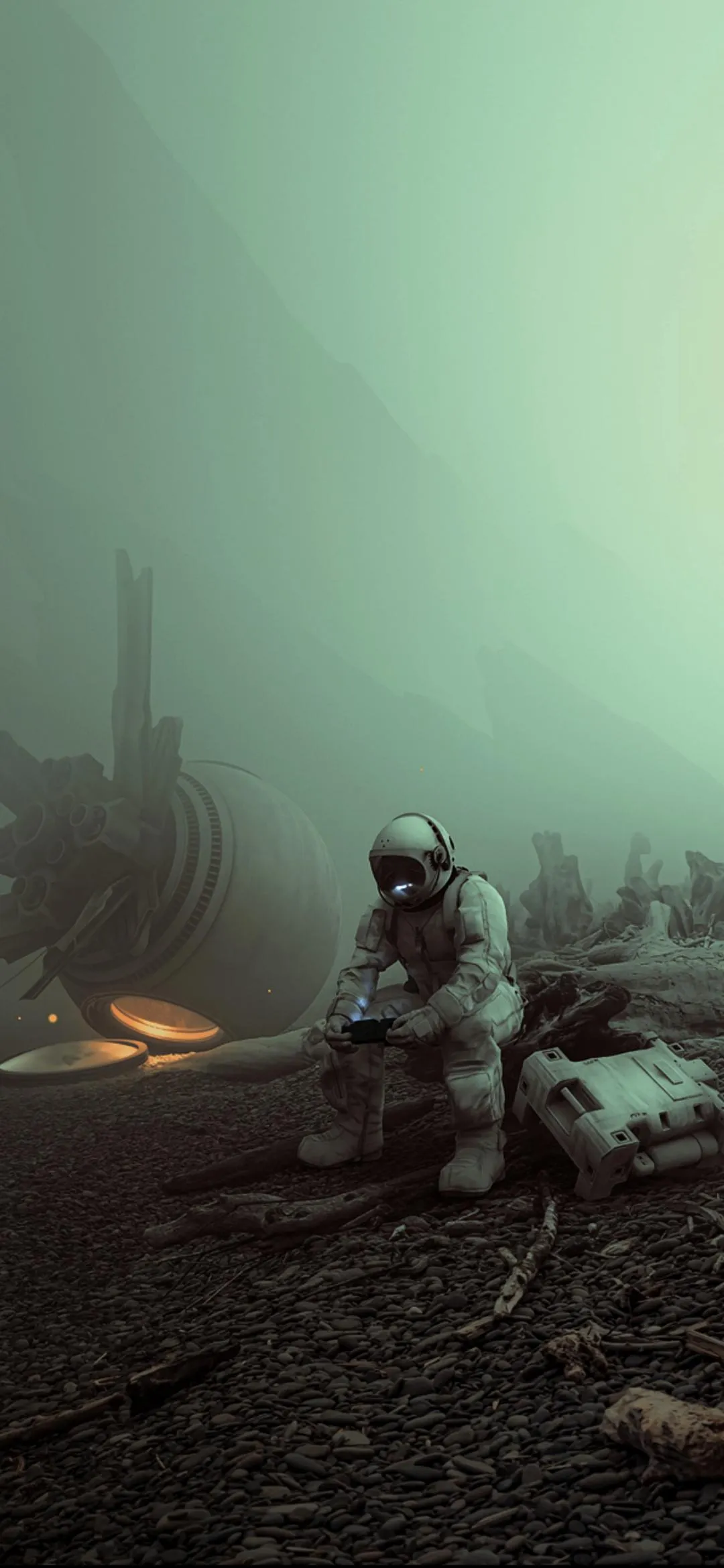 Lonely Astronaut Rests Beside Crashed Spacecraft Wallpaper