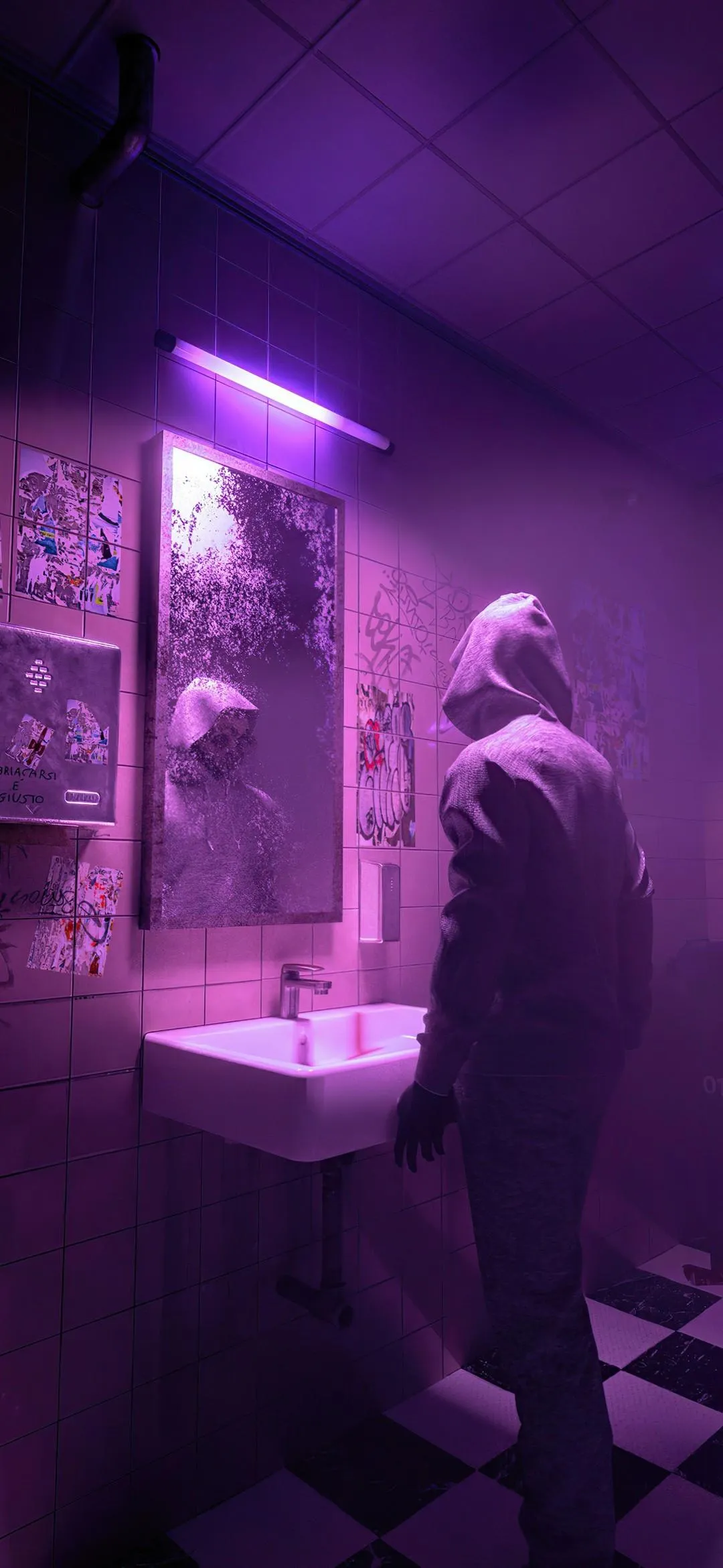 Lonely Figure Reflected in Neon Lit Bathroom Mirror