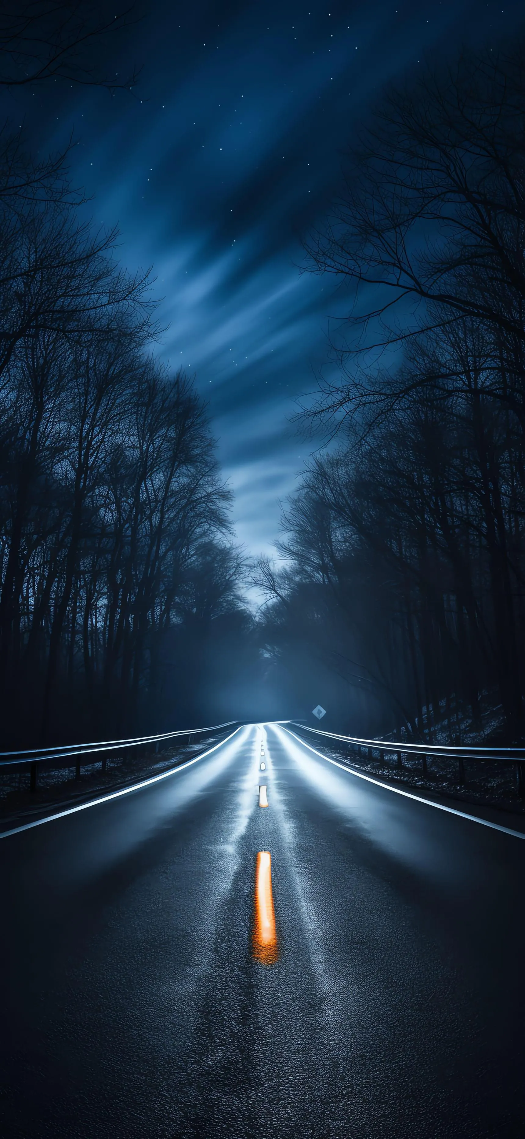 Lonely Highway at Night with Fast Motion Light Trails