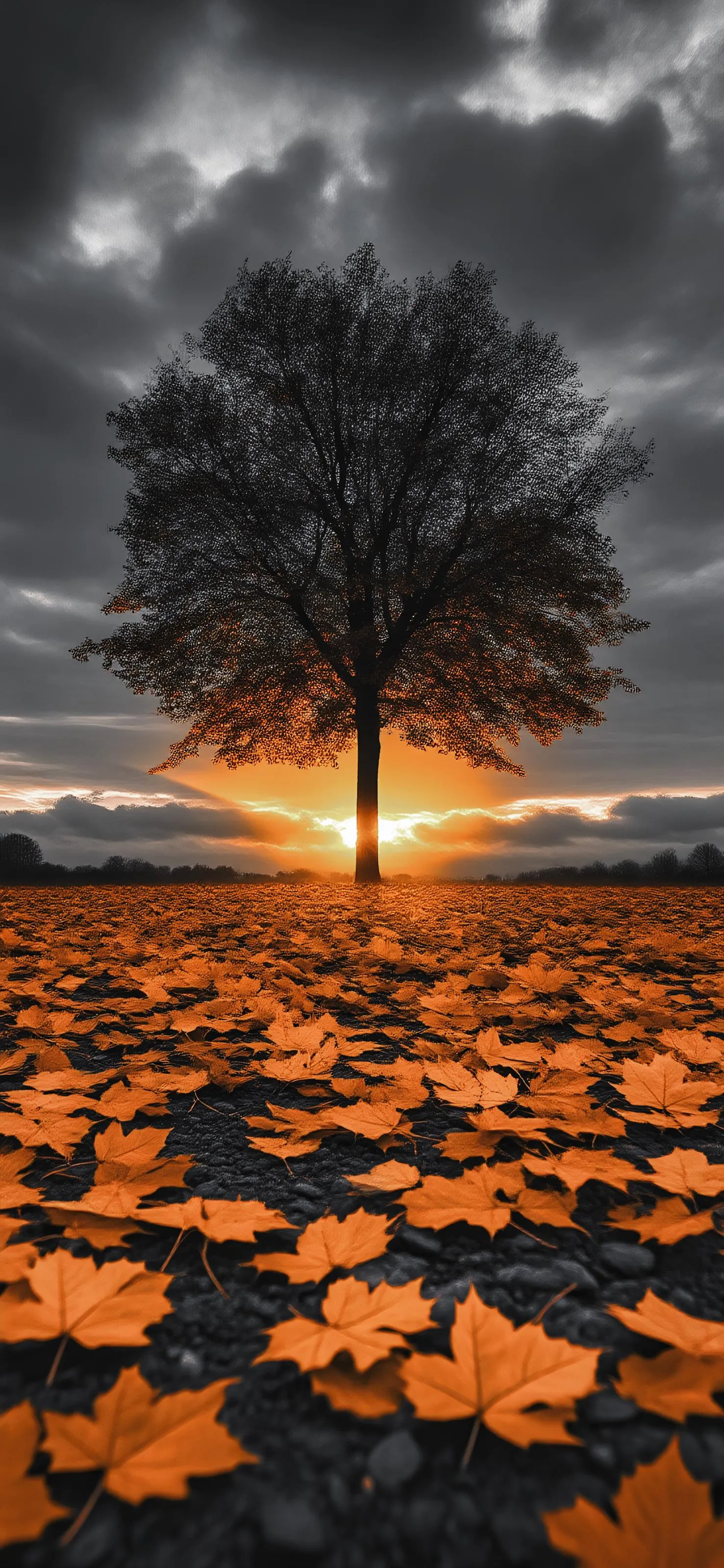 Lonely Tree in Dark Field with Orange Leaves at Sunset