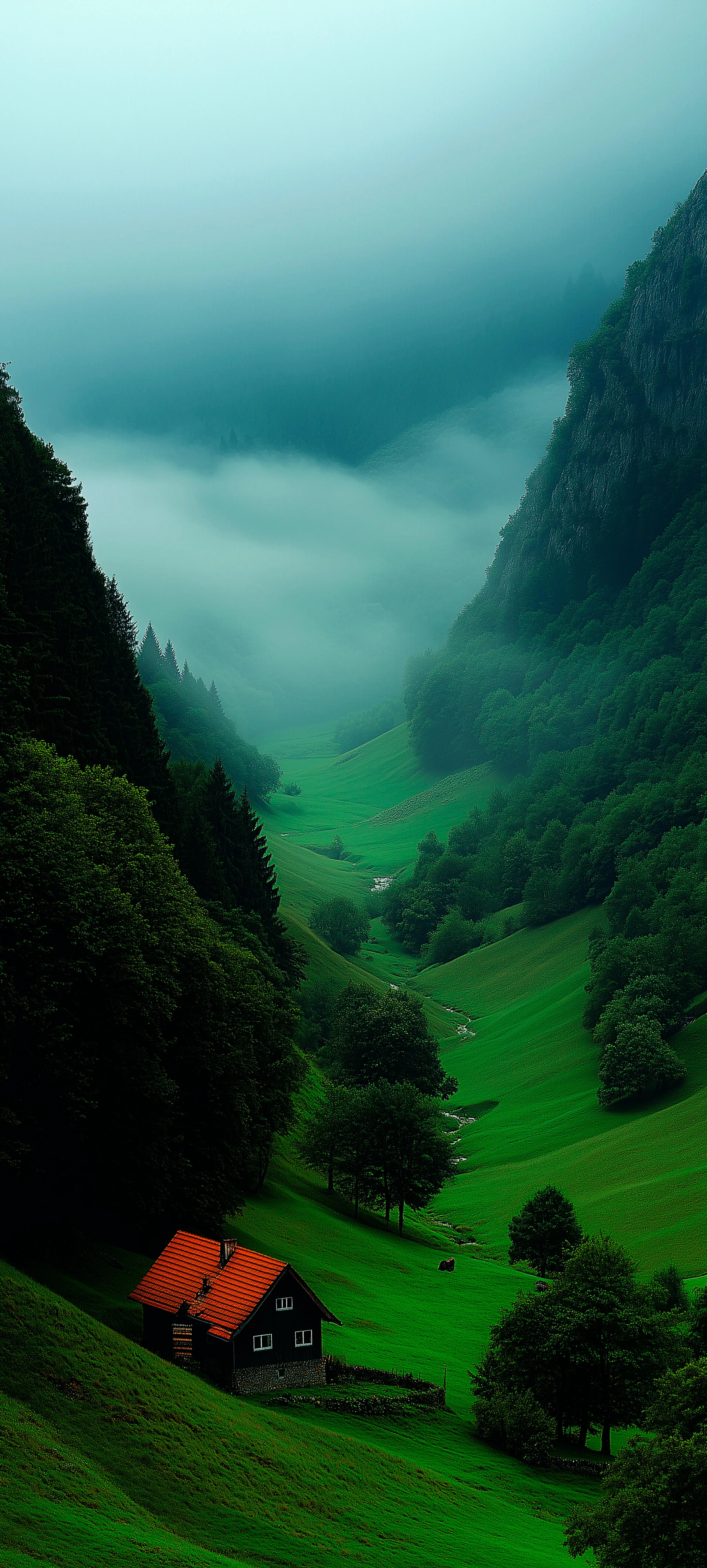 Lush Green Mountain Valley with Cloudy Hillside View