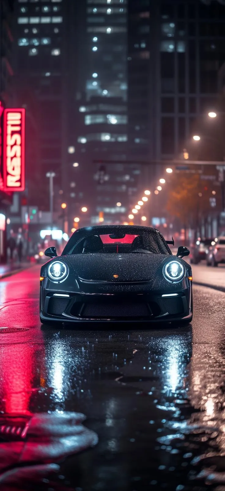 Luxury Car Driving in Rainy Neon City Street Scene