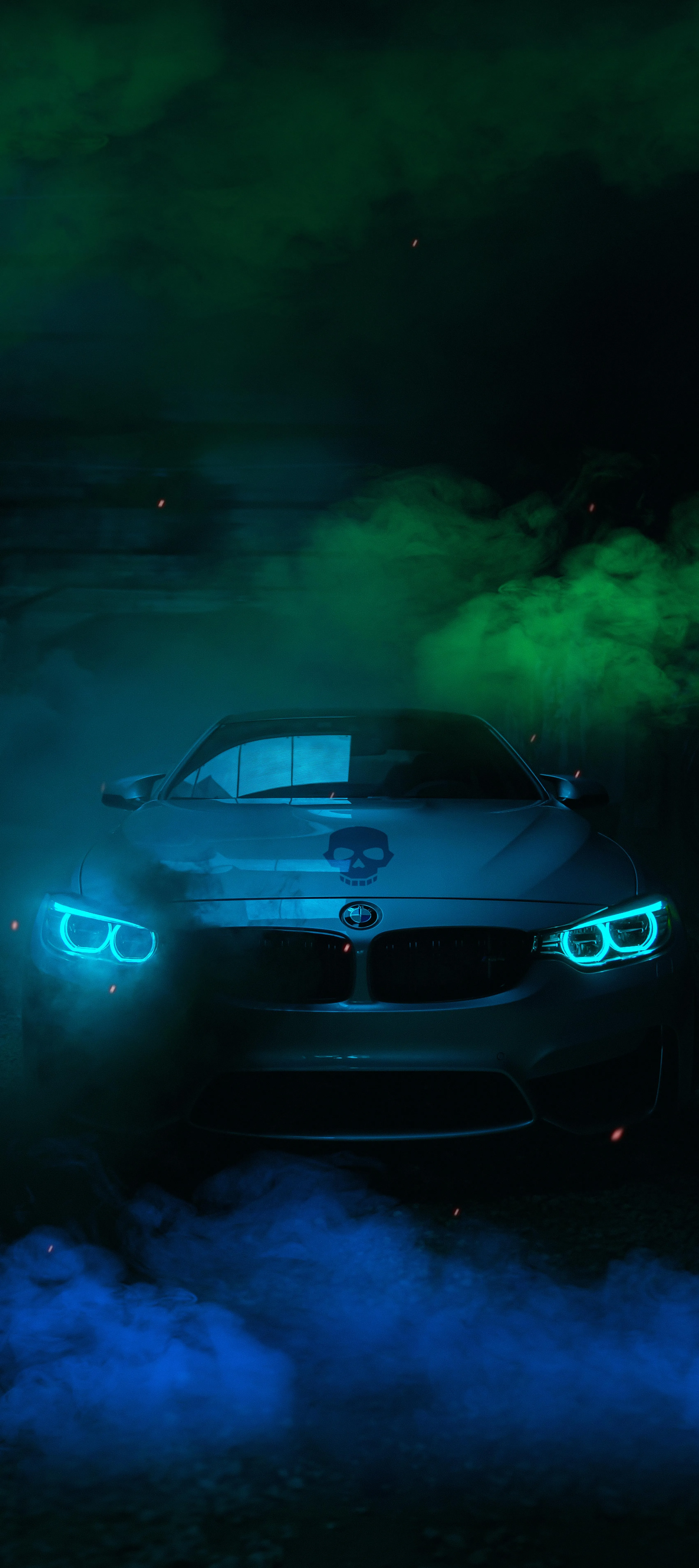 Luxury Car Emerging from Misty Dark Forest at Night