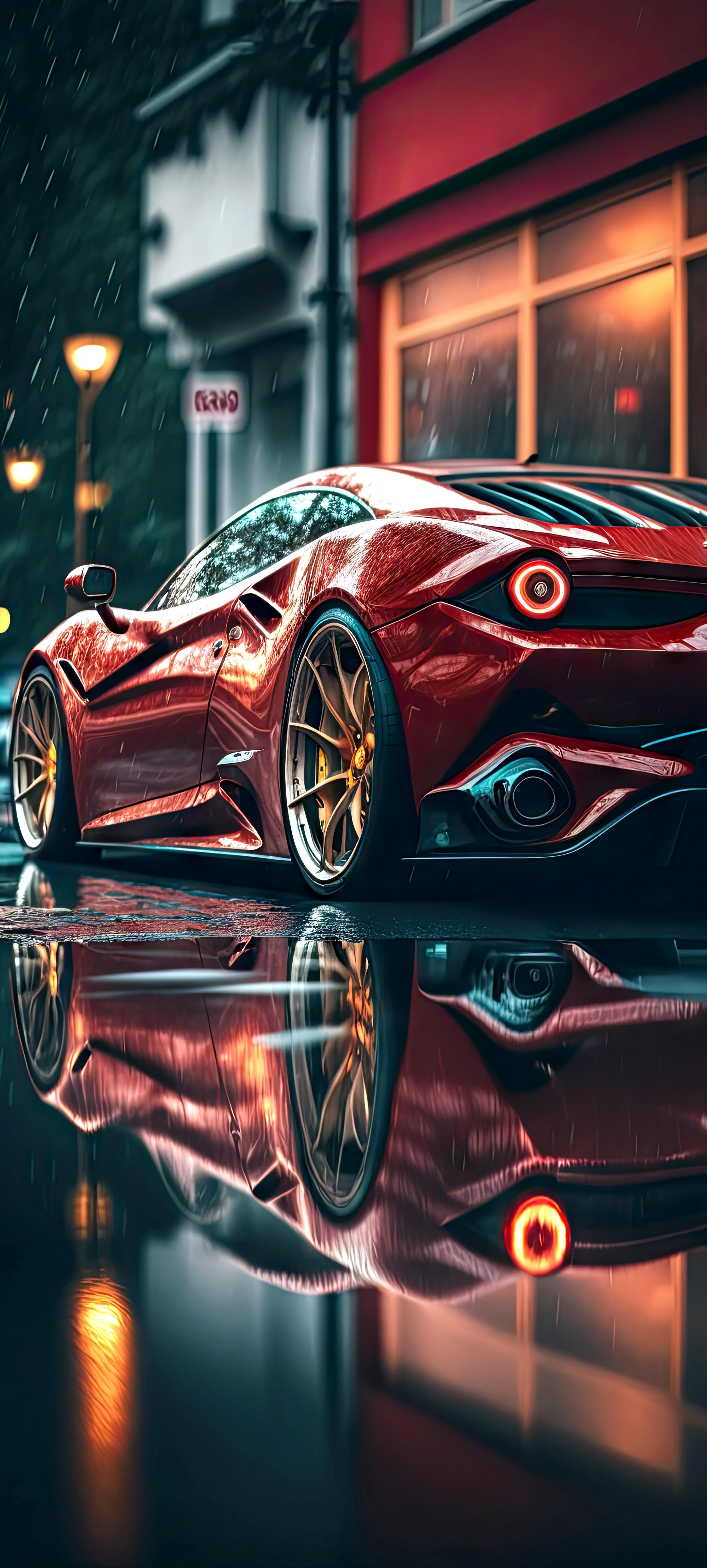 Luxury Red Sports Car Parked on Wet City Street Wallpaper