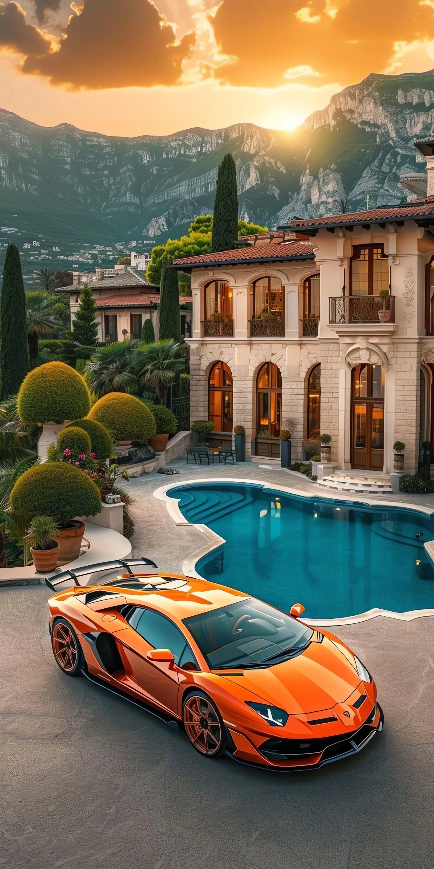 Luxury Villa with Sports Car Under Golden Sunset Wallpaper