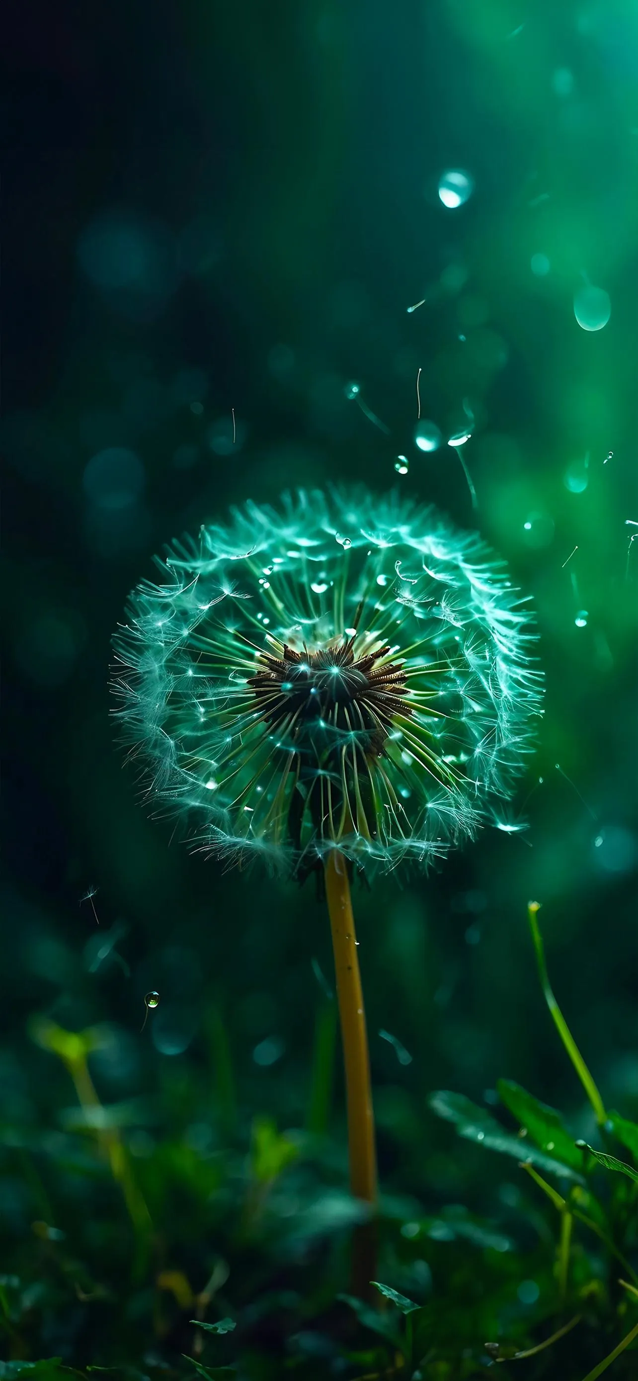 Macro Dandelion with Glowing Green Seeds Floating