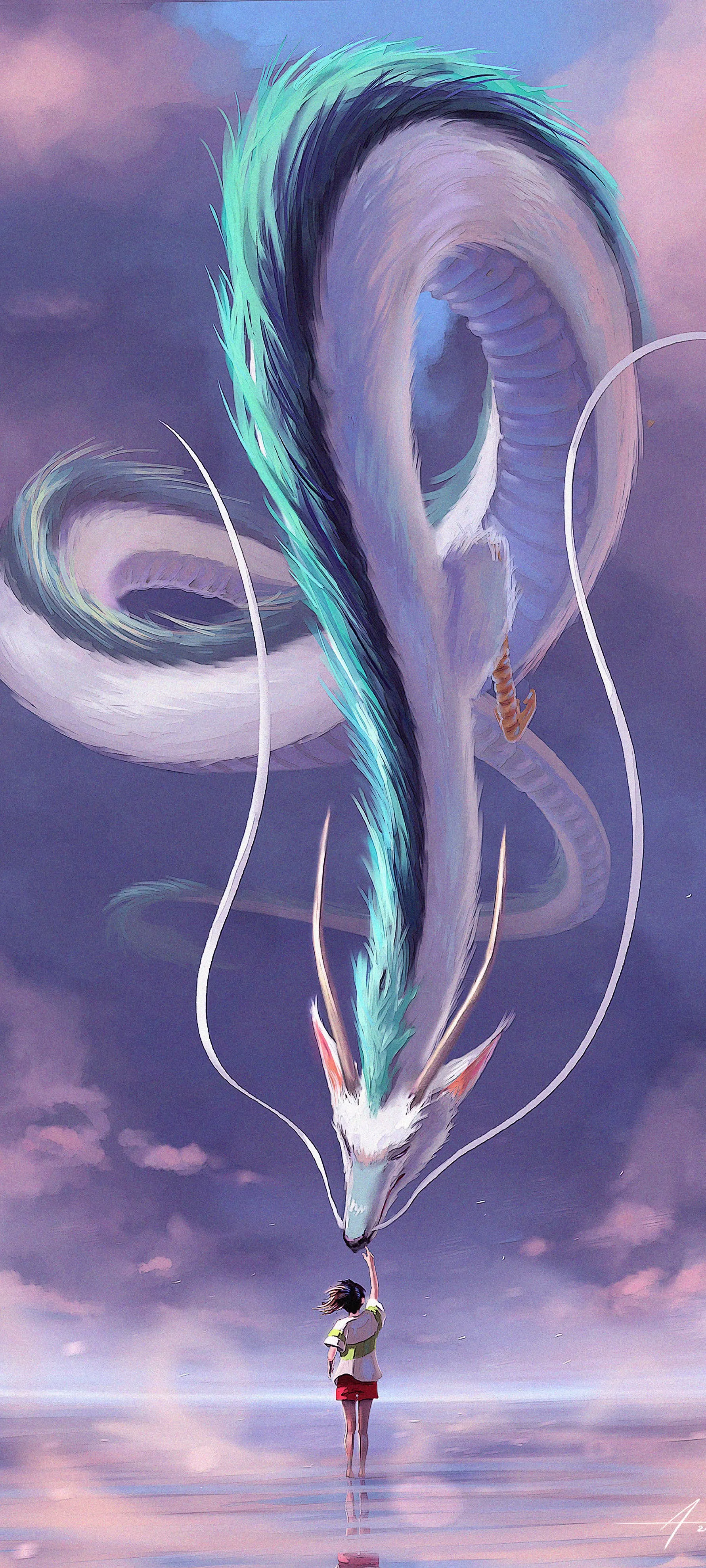Magical Girl and Floating Dragon in Purple Sky Wallpaper