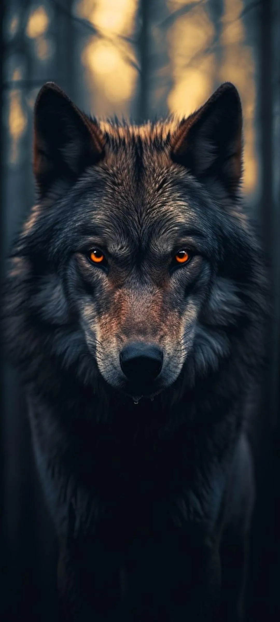 Majestic black wolf staring in forest light Wallpaper