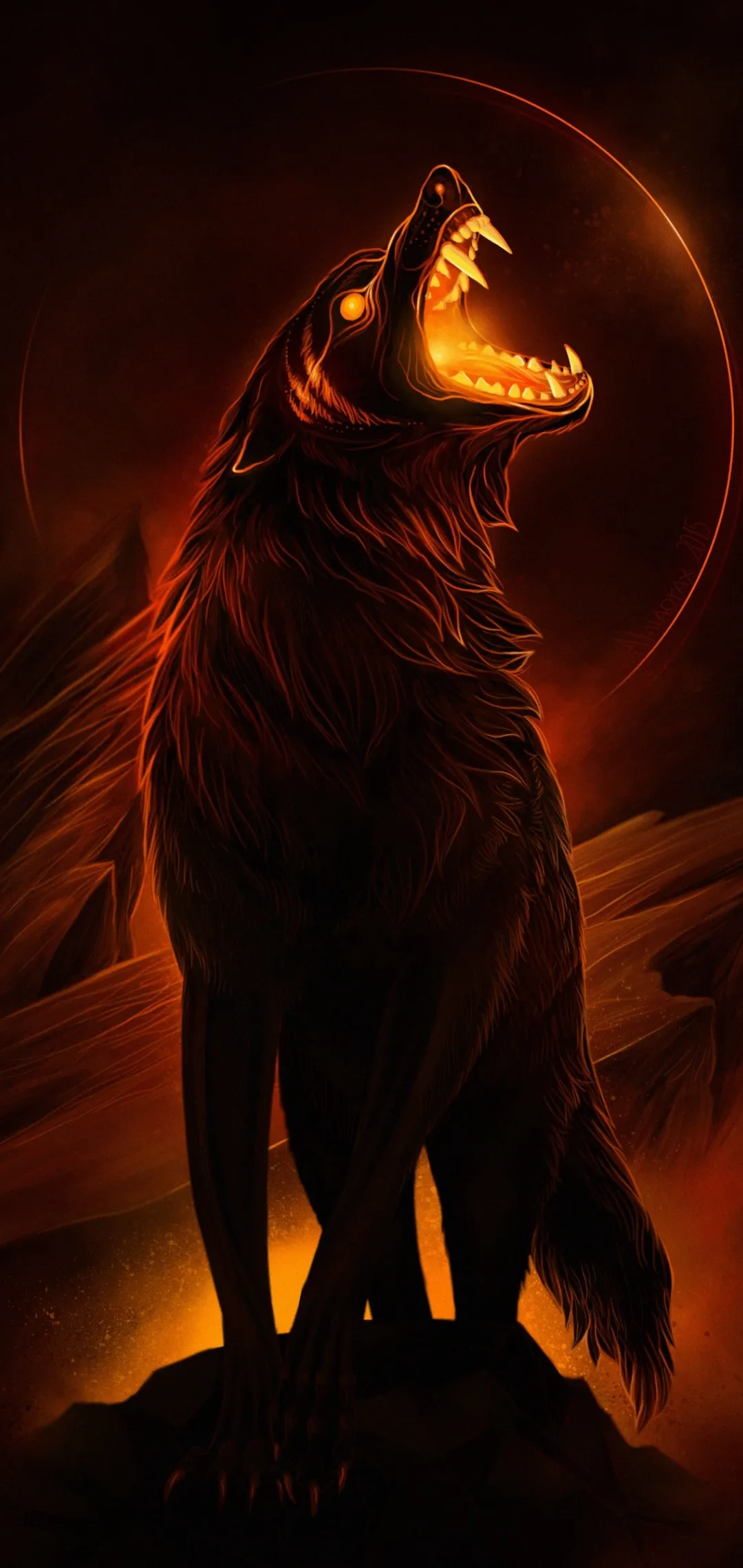 Majestic Brown Wolf Howling with Fiery Background Wallpaper