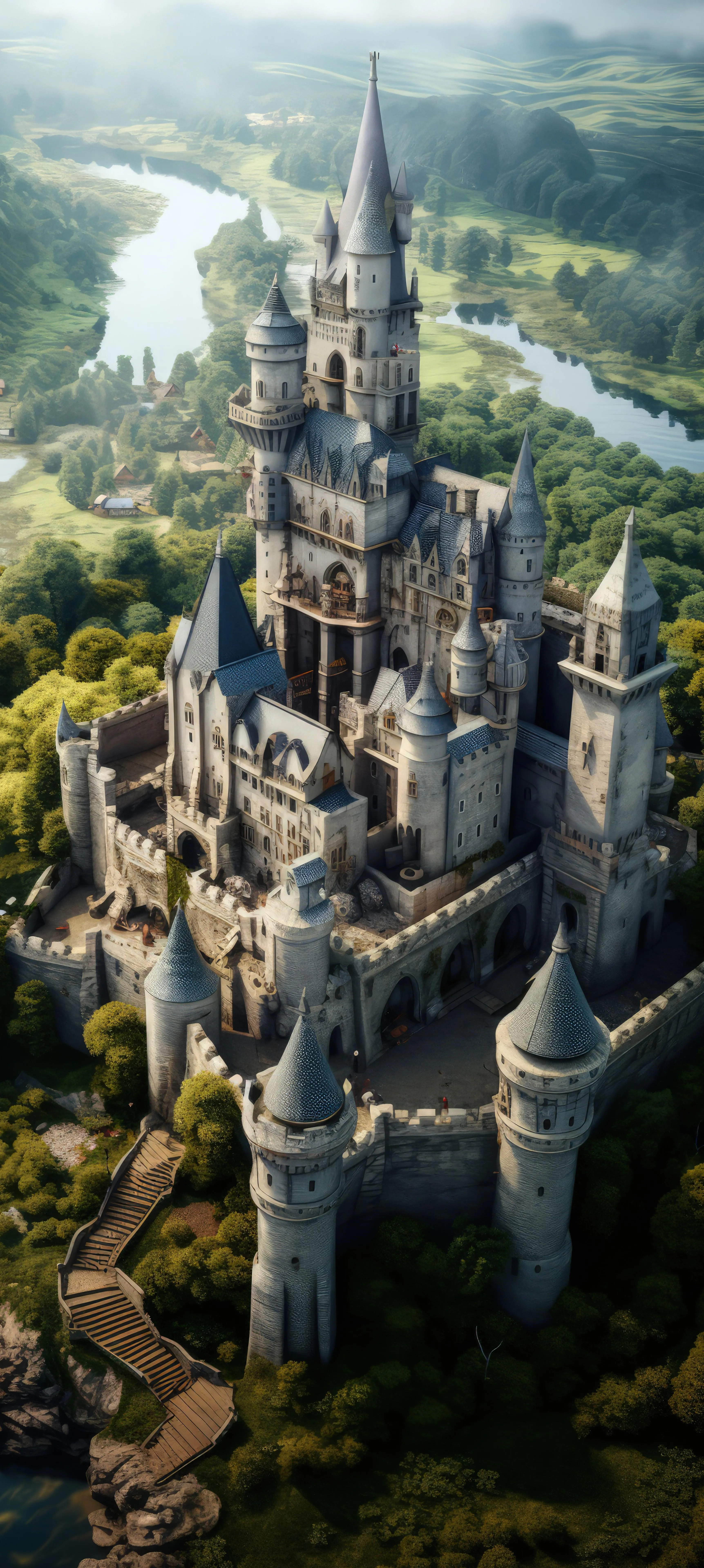 Majestic Castle on Hill Surrounded by Lush Forest Wallpaper