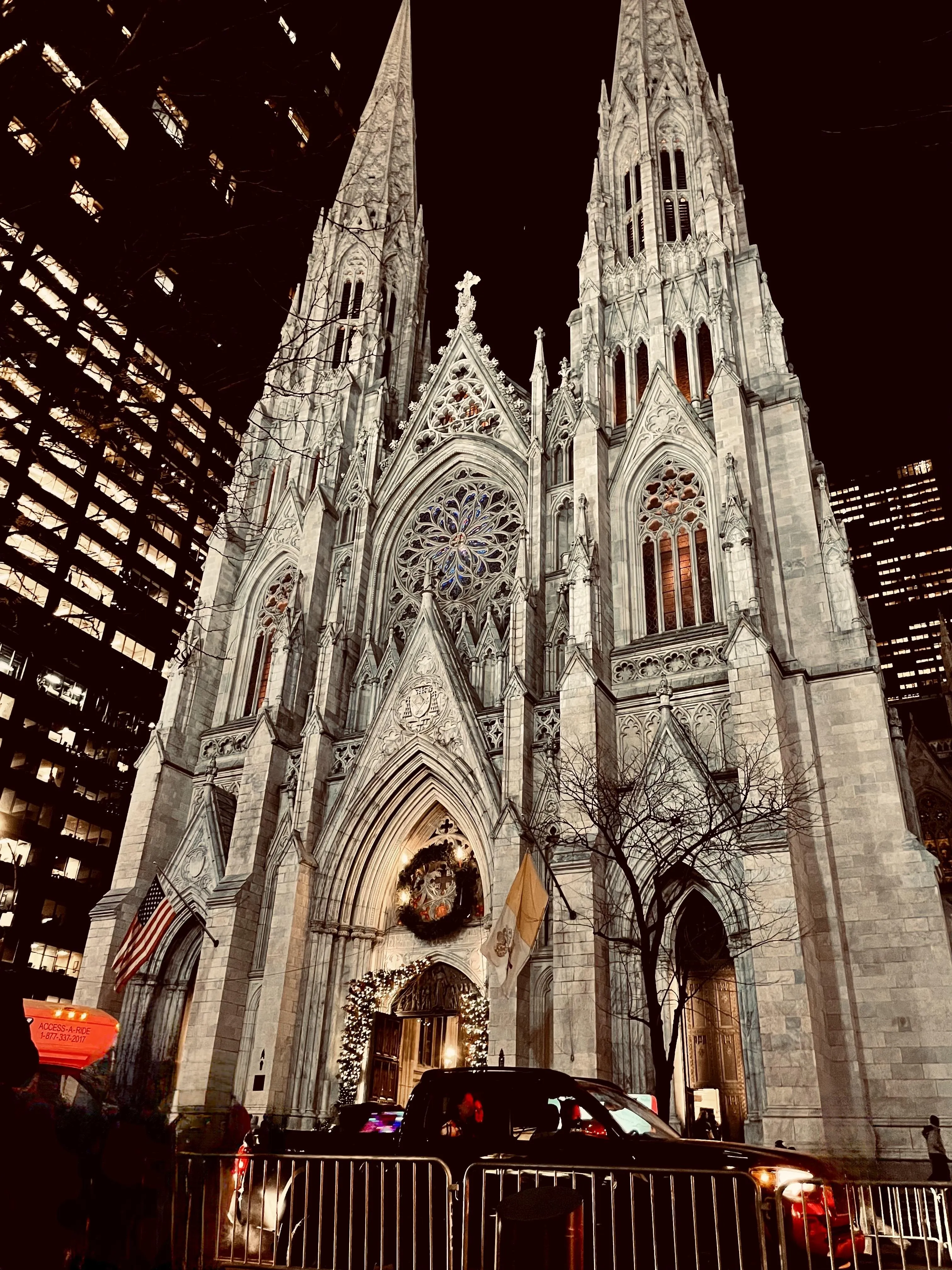 Majestic Cathedral with Stunning Nighttime Lighting Image