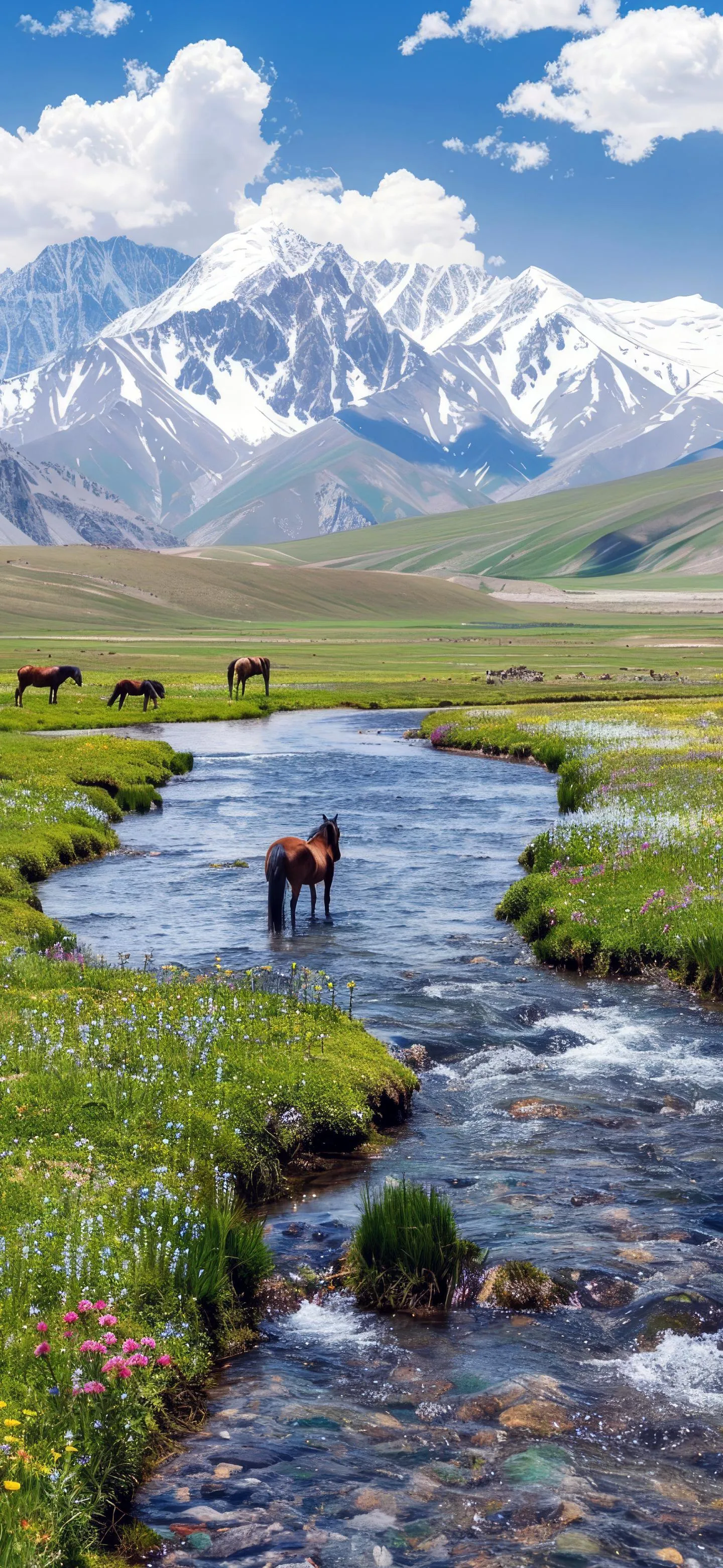 Majestic Horses Graze by River in Alpine Mountain Valley