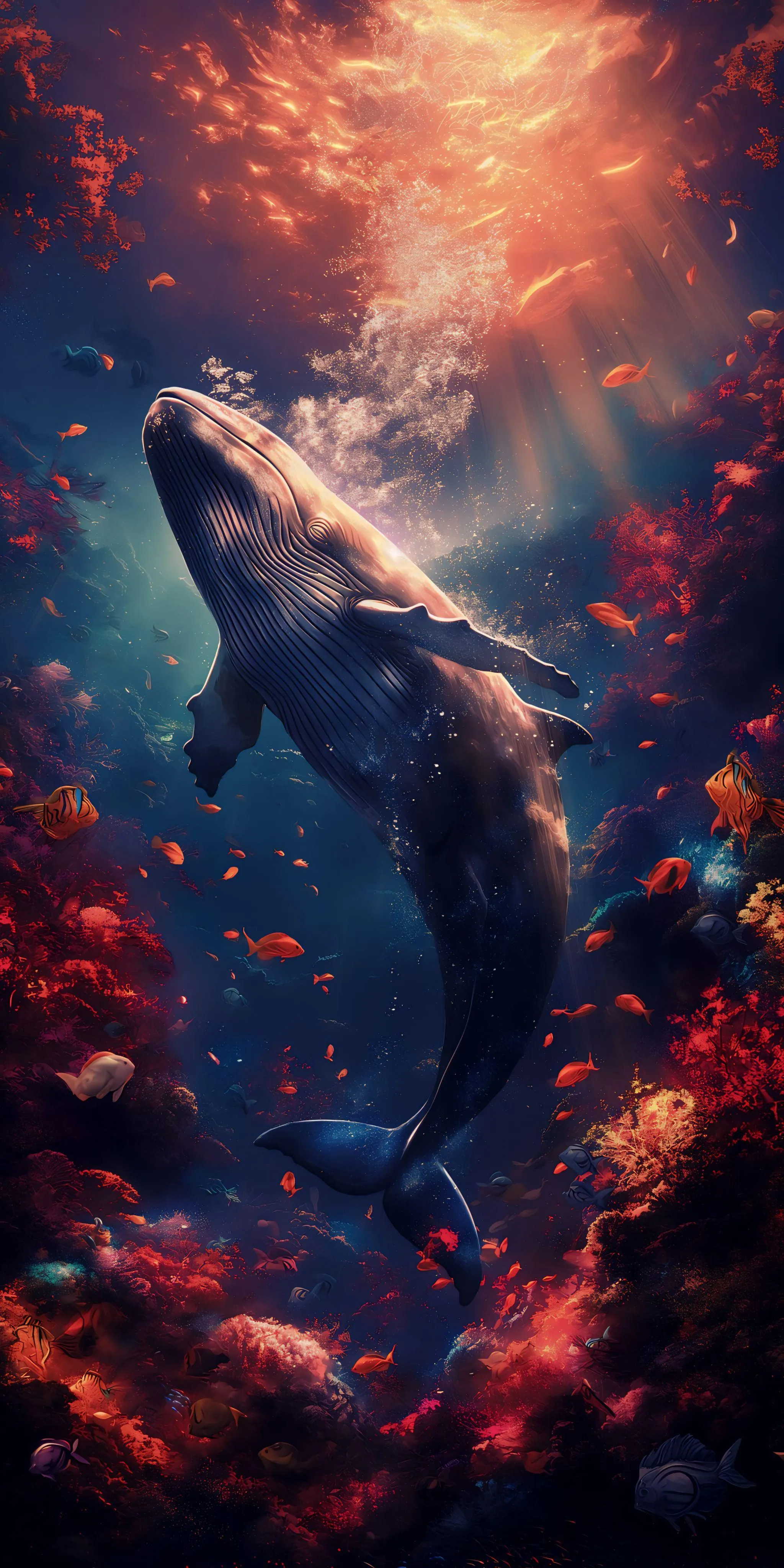 Majestic Whale Gliding Through a Vivid Coral Ocean Scene