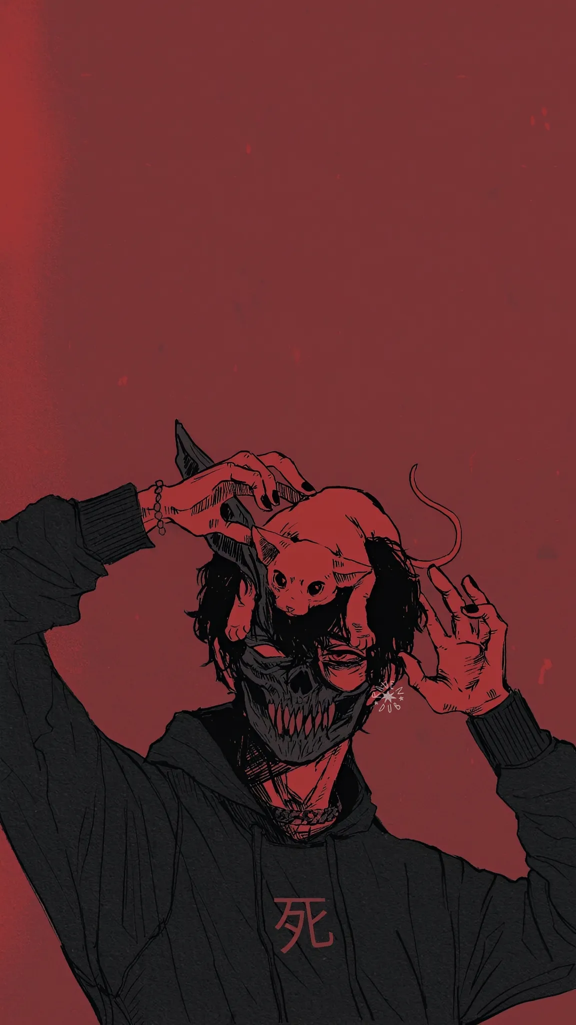 Man Holding Head with Red Rose and Deep Red Background