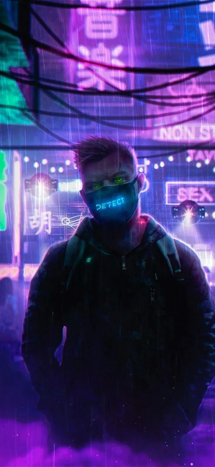 Man in Cyberpunk City Street with Neon Blue Lights