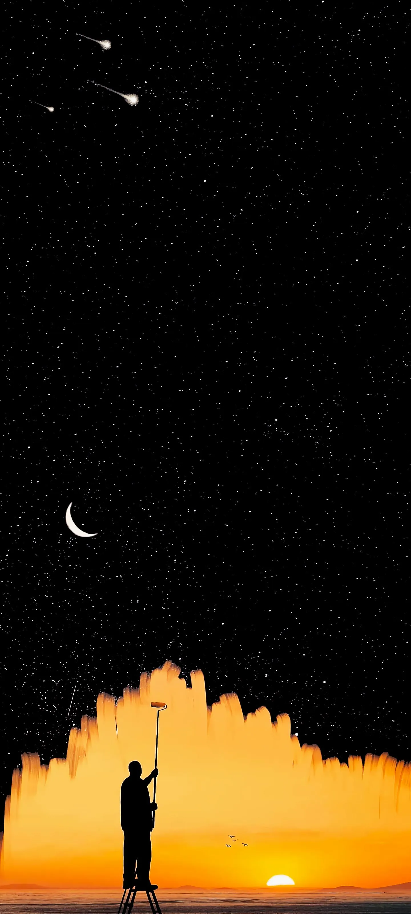 Man Painting the Sky with Stars Standing on Ladder at Sunset