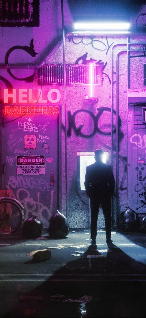 Man Standing in Neon Alley of Cyberpunk Cityscape Wallpaper