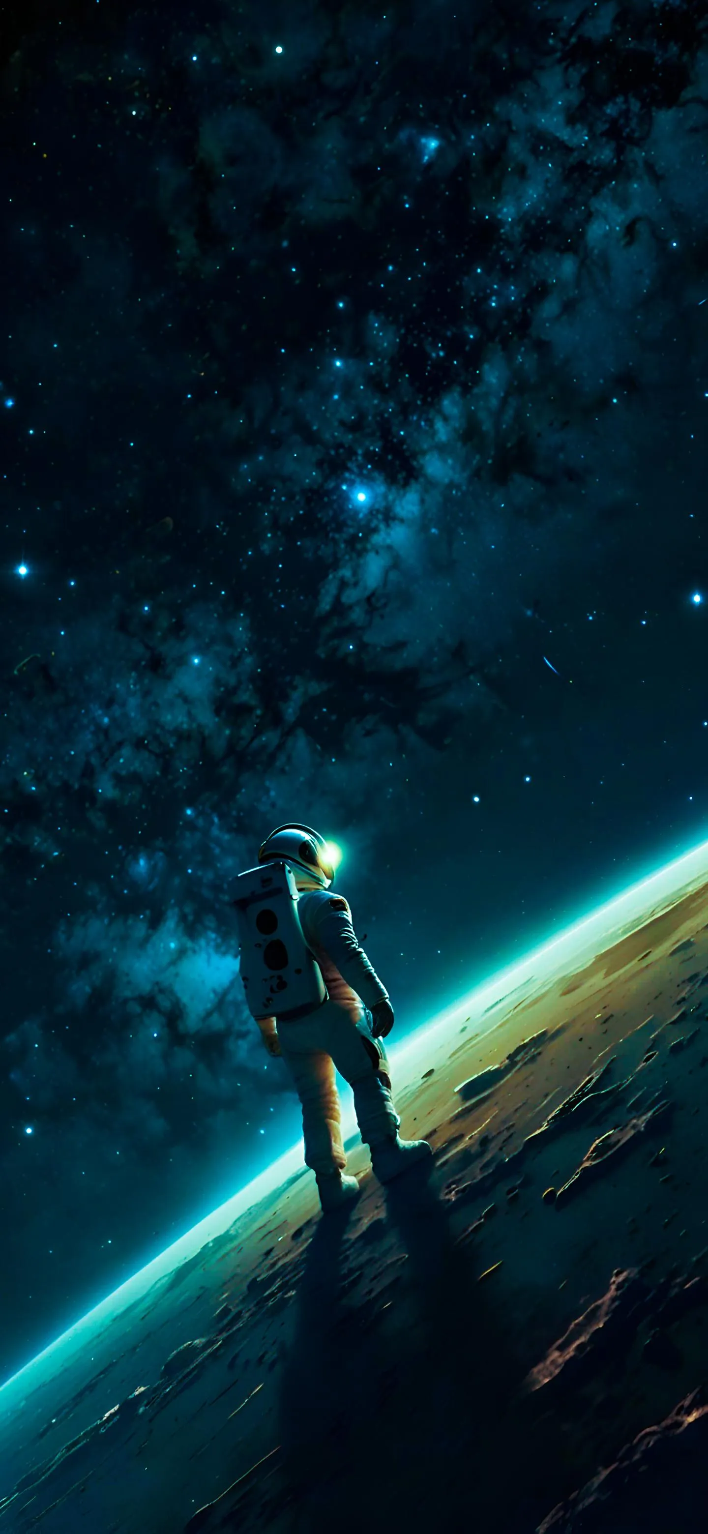 Man Standing on Planet Surface with Starry Galaxy Wallpaper